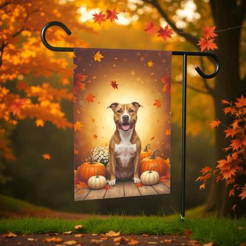 American Pitbull Terrier and Pumpkins Garden Flag - front view - Dragonfire Gardens