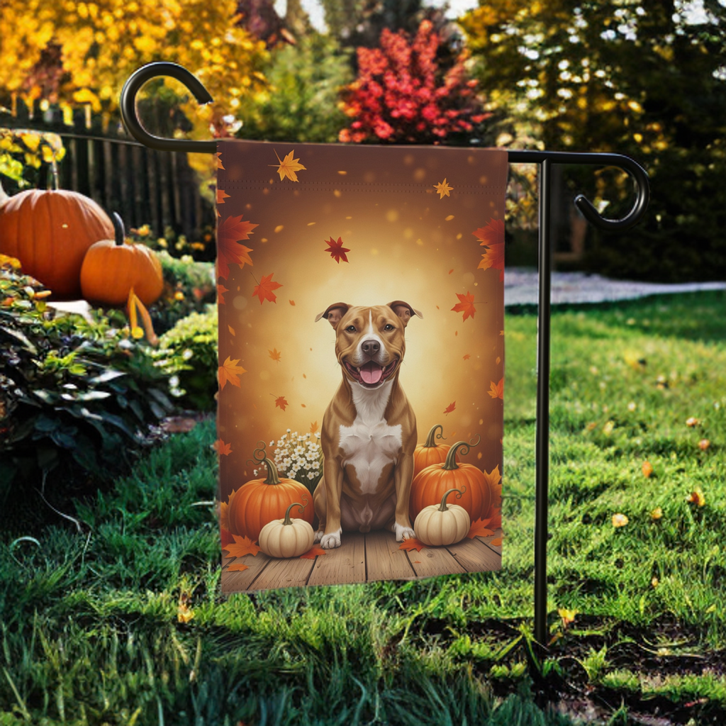 American Pitbull Terrier and Pumpkins Garden Flag - size comparison - Dragonfire Gardens