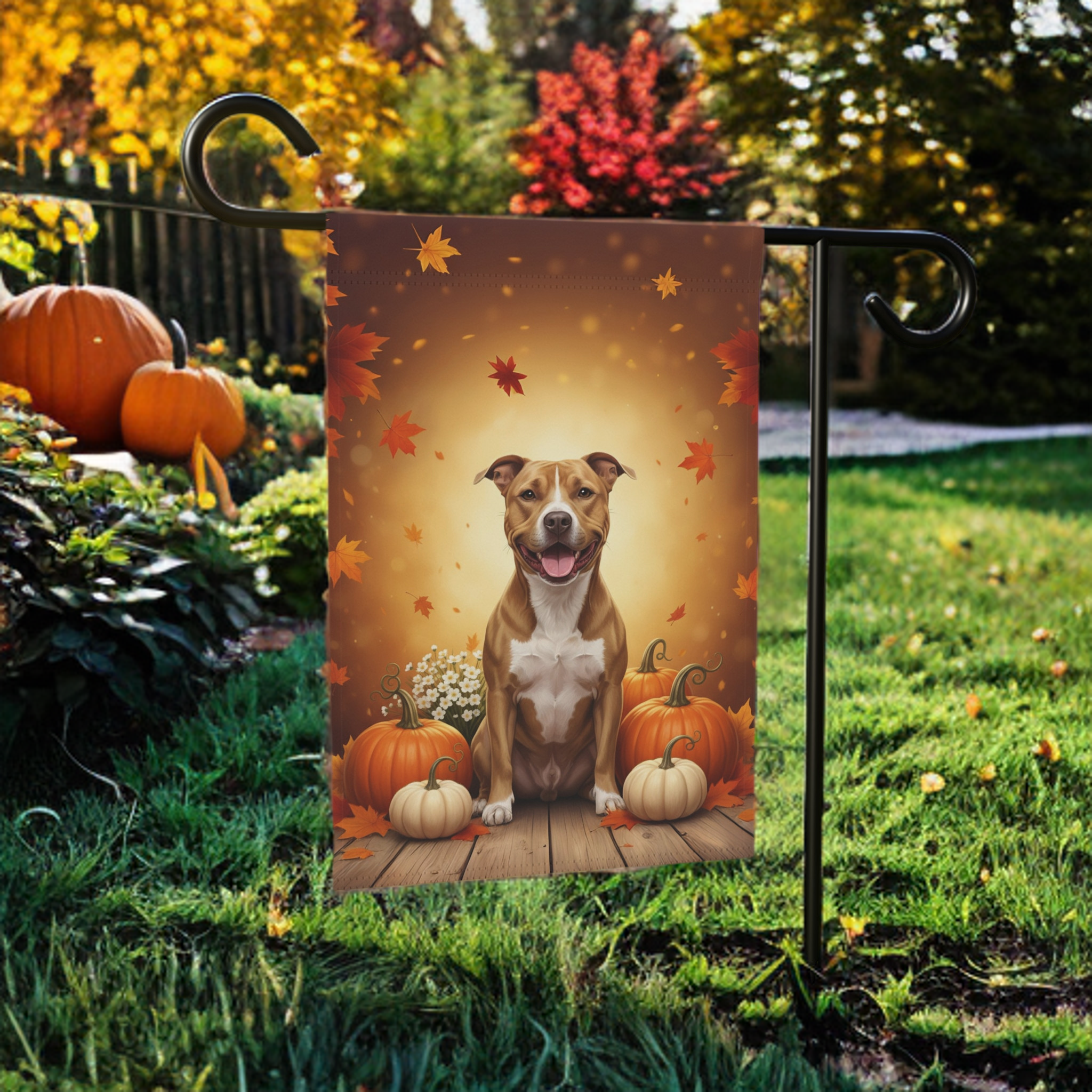 American Pitbull Terrier and Pumpkins Garden Flag - size comparison - Dragonfire Gardens