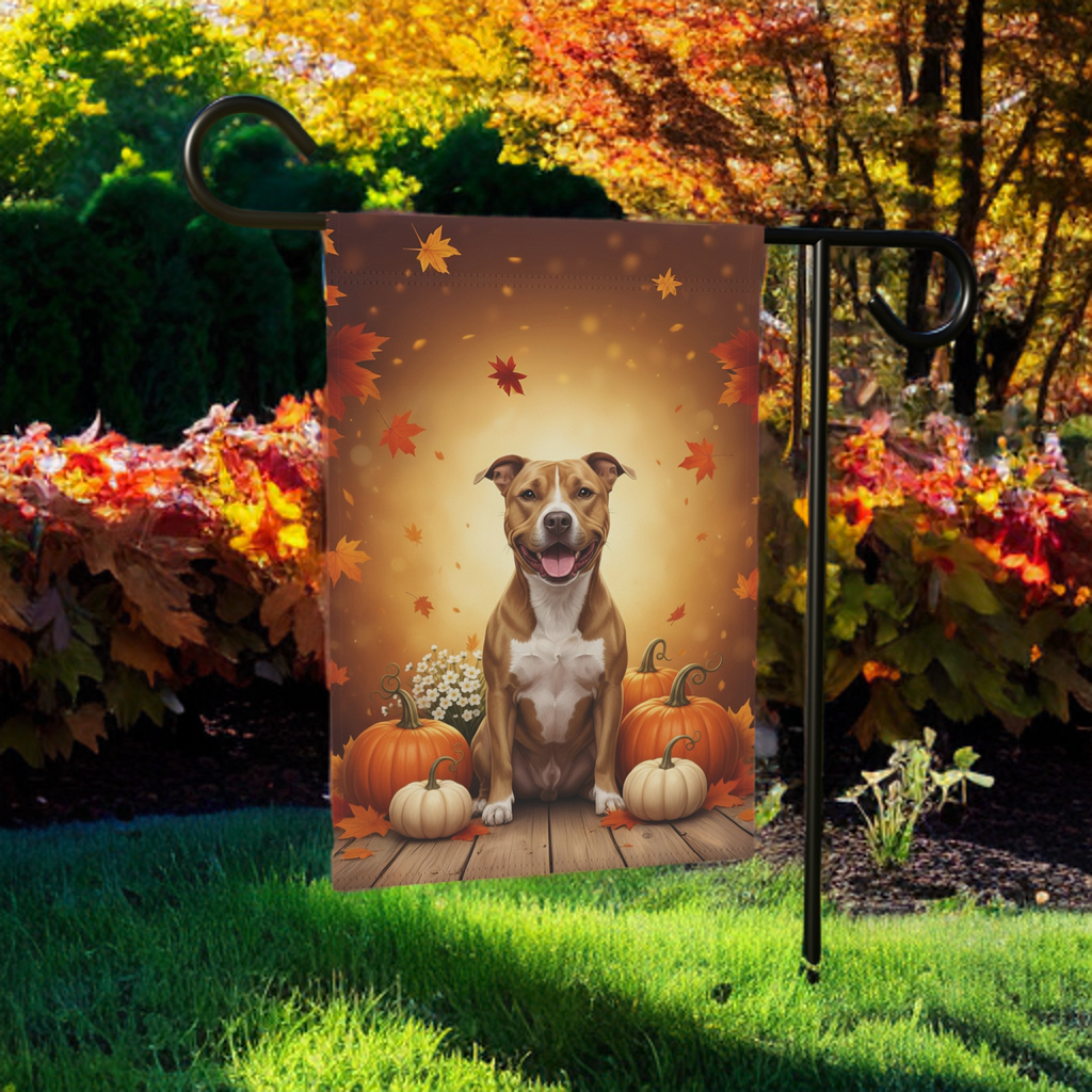 American Pitbull Terrier and Pumpkins Garden Flag - lifestyle display - Dragonfire Gardens