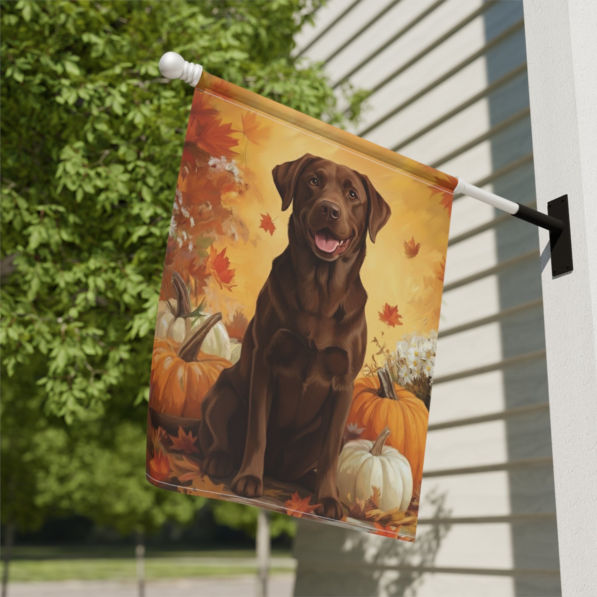 Chocolate Labrador Retriever and Pumpkins Garden Flag - close-up detail - Dragonfire Gardens