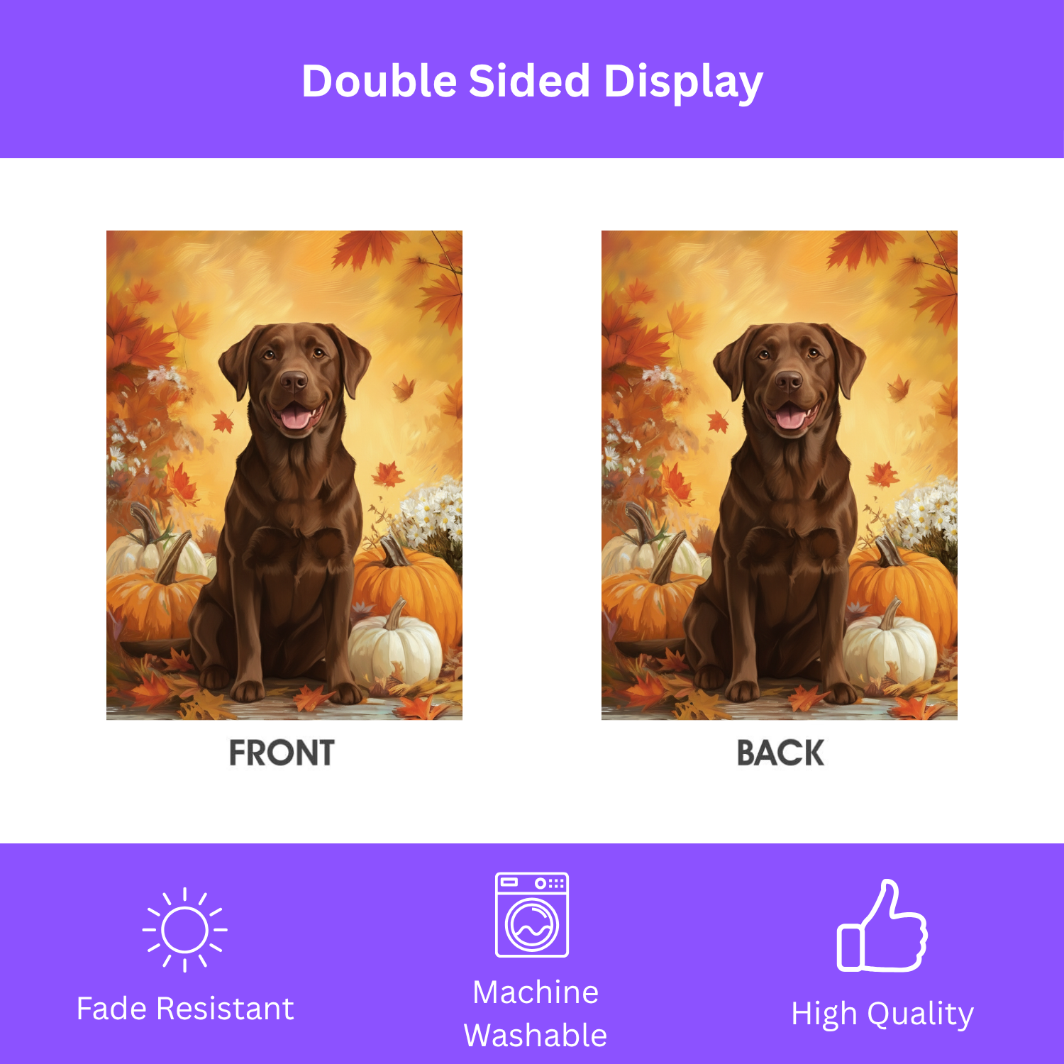 Chocolate Labrador Retriever and Pumpkins Garden Flag - double-sided design - Dragonfire Gardens