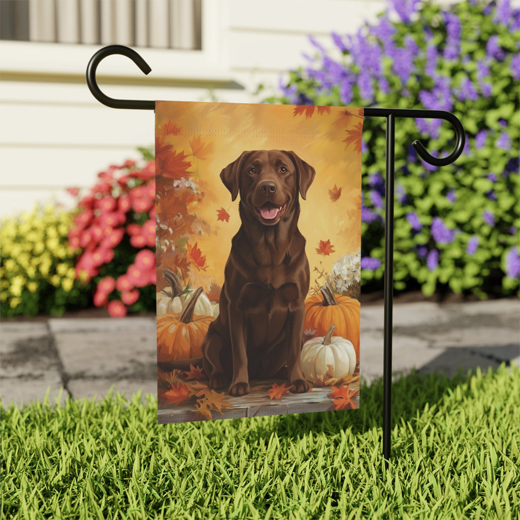 Chocolate Labrador Retriever and Pumpkins Garden Flag - outdoor display - Dragonfire Gardens