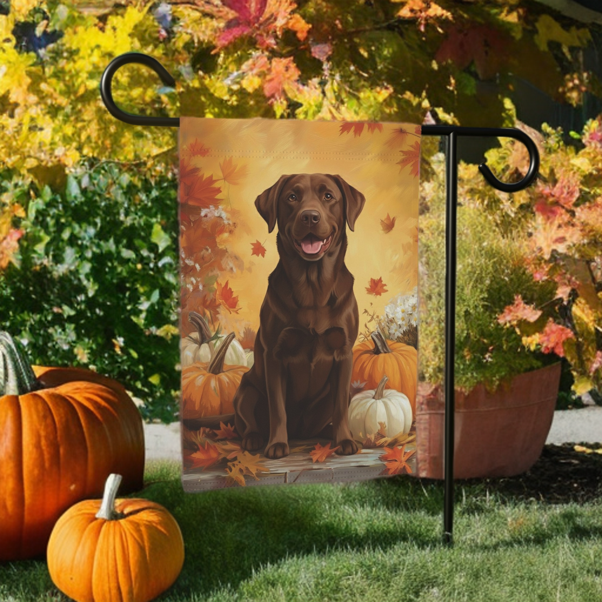 Chocolate Labrador Retriever and Pumpkins Garden Flag - size comparison - Dragonfire Gardens