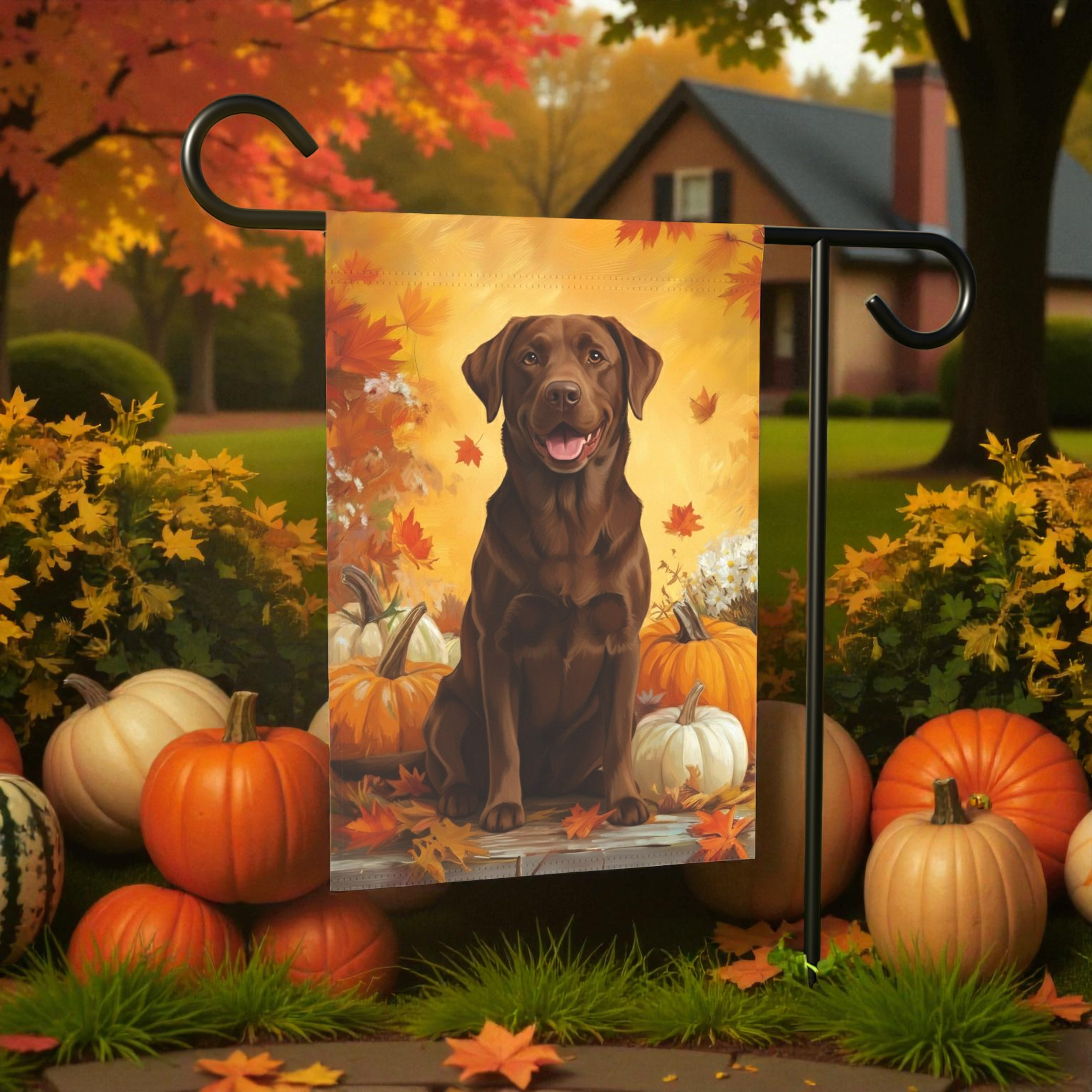 Chocolate Labrador Retriever and Pumpkins Garden Flag - lifestyle display - Dragonfire Gardens