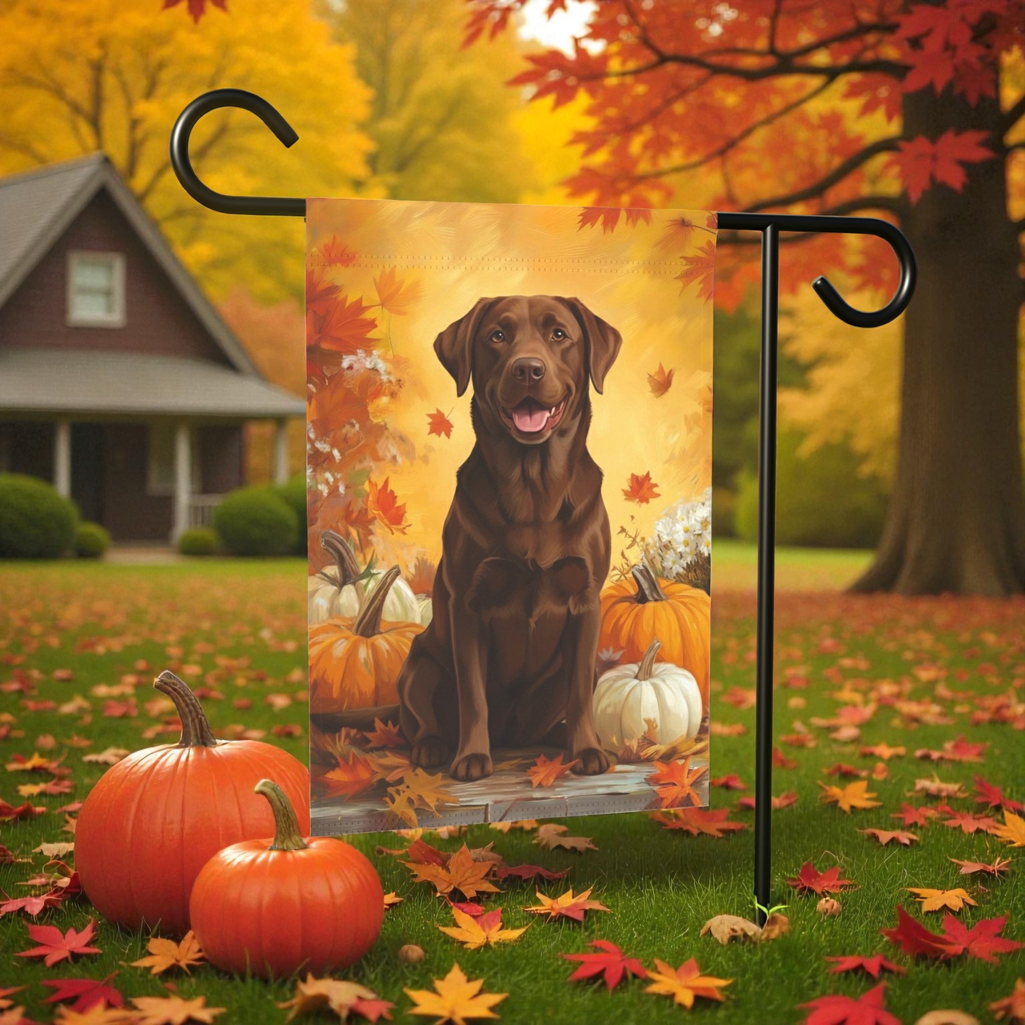 Chocolate Labrador Retriever and Pumpkins Garden Flag - front view - Dragonfire Gardens