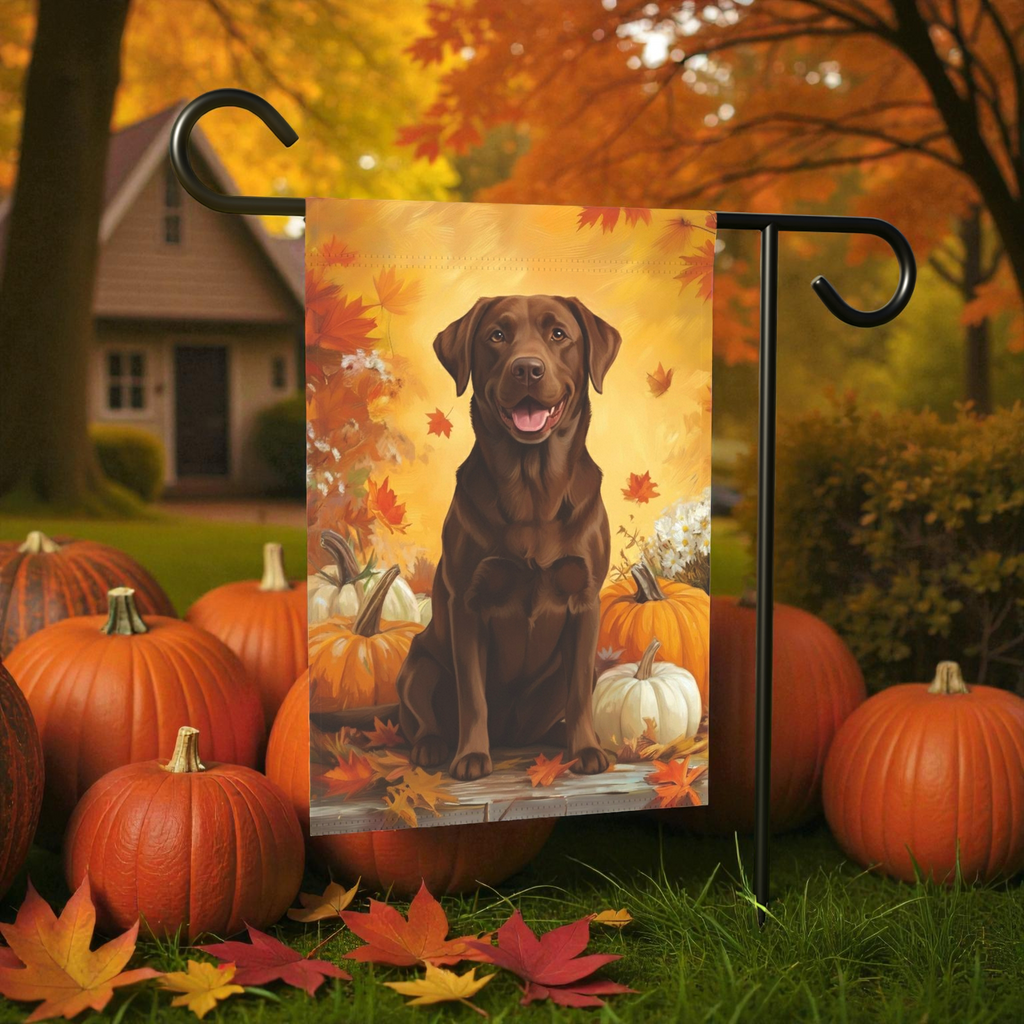 Chocolate Labrador Retriever and Pumpkins Garden Flag - product detail - Dragonfire Gardens