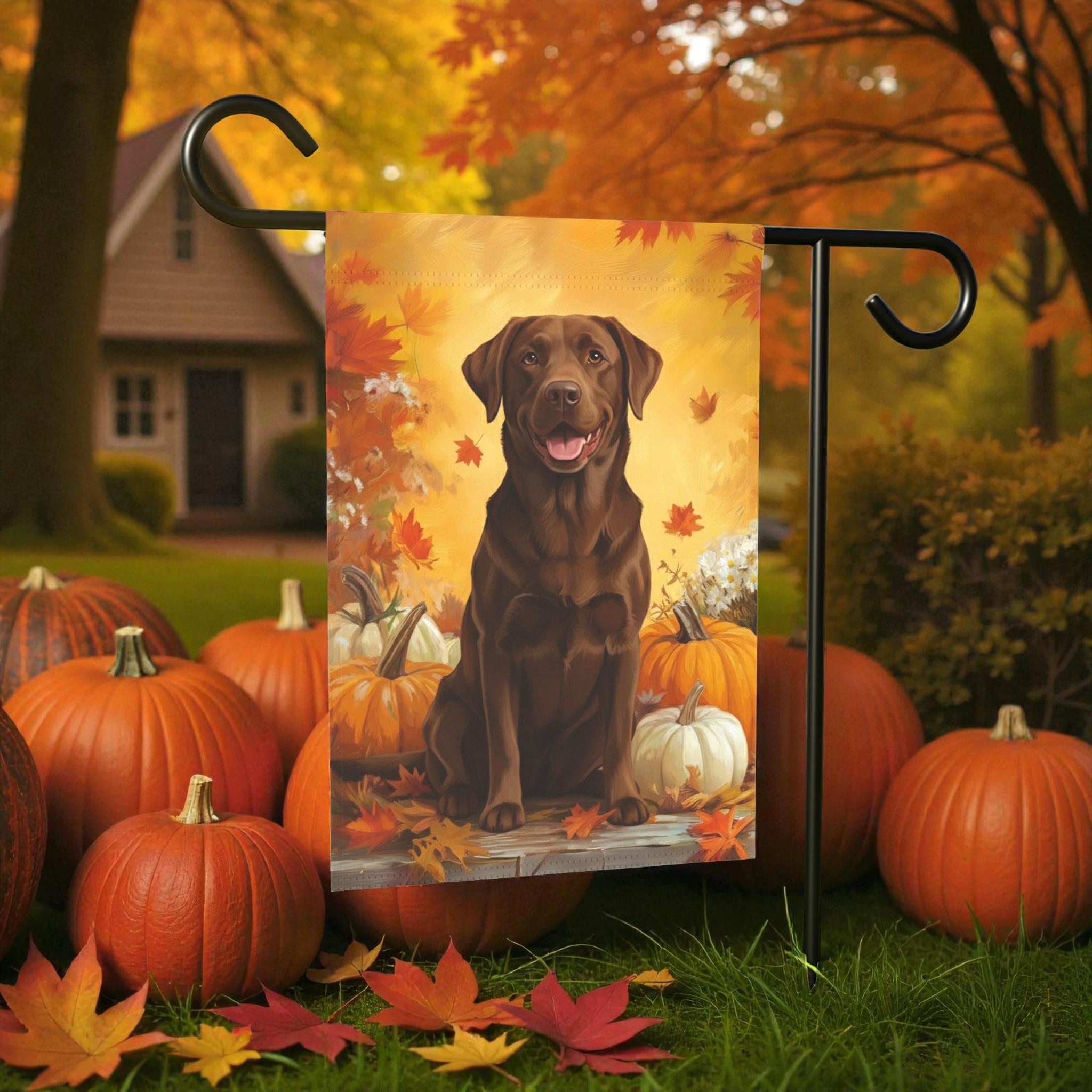 Chocolate Labrador Retriever and Pumpkins Garden Flag - product detail - Dragonfire Gardens