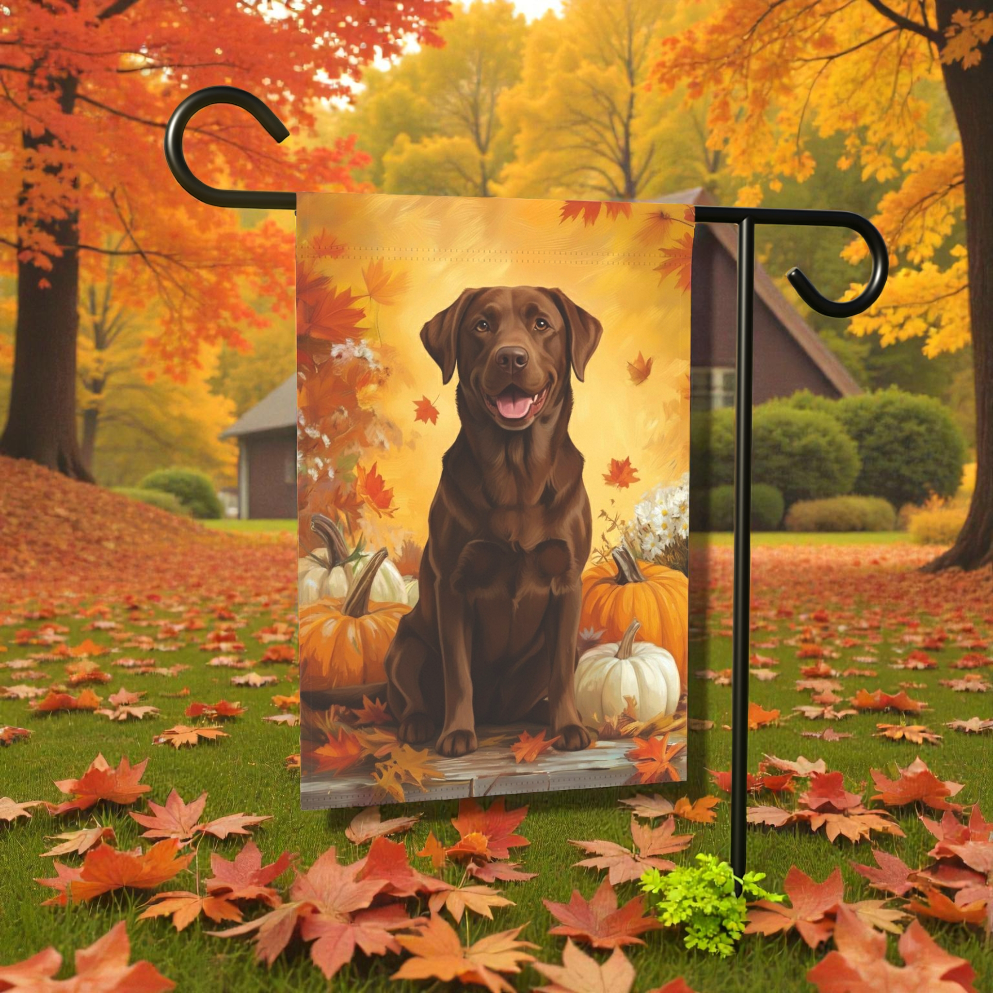 Chocolate Labrador Retriever and Pumpkins Garden Flag - banner view - Dragonfire Gardens