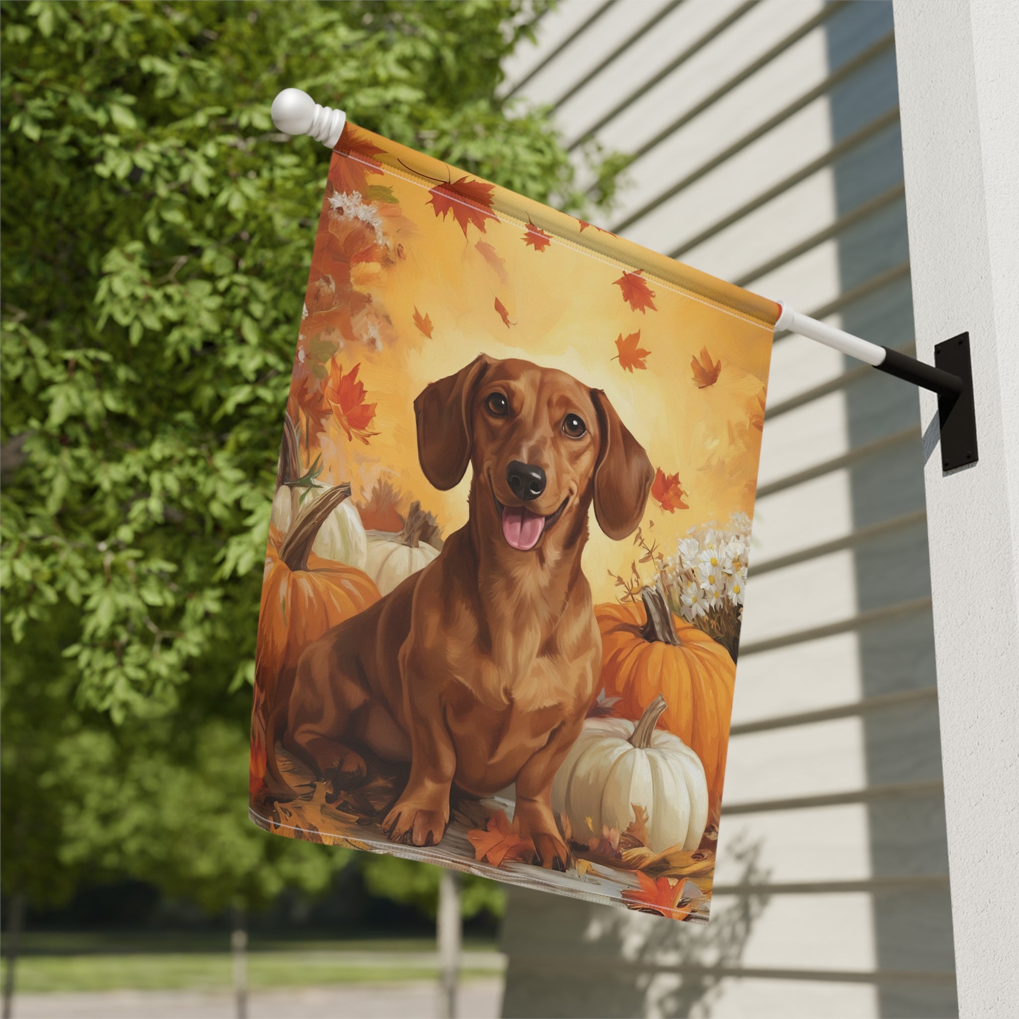 Dachshund and Pumpkins Fall Garden Flag - close-up detail - Dragonfire Gardens