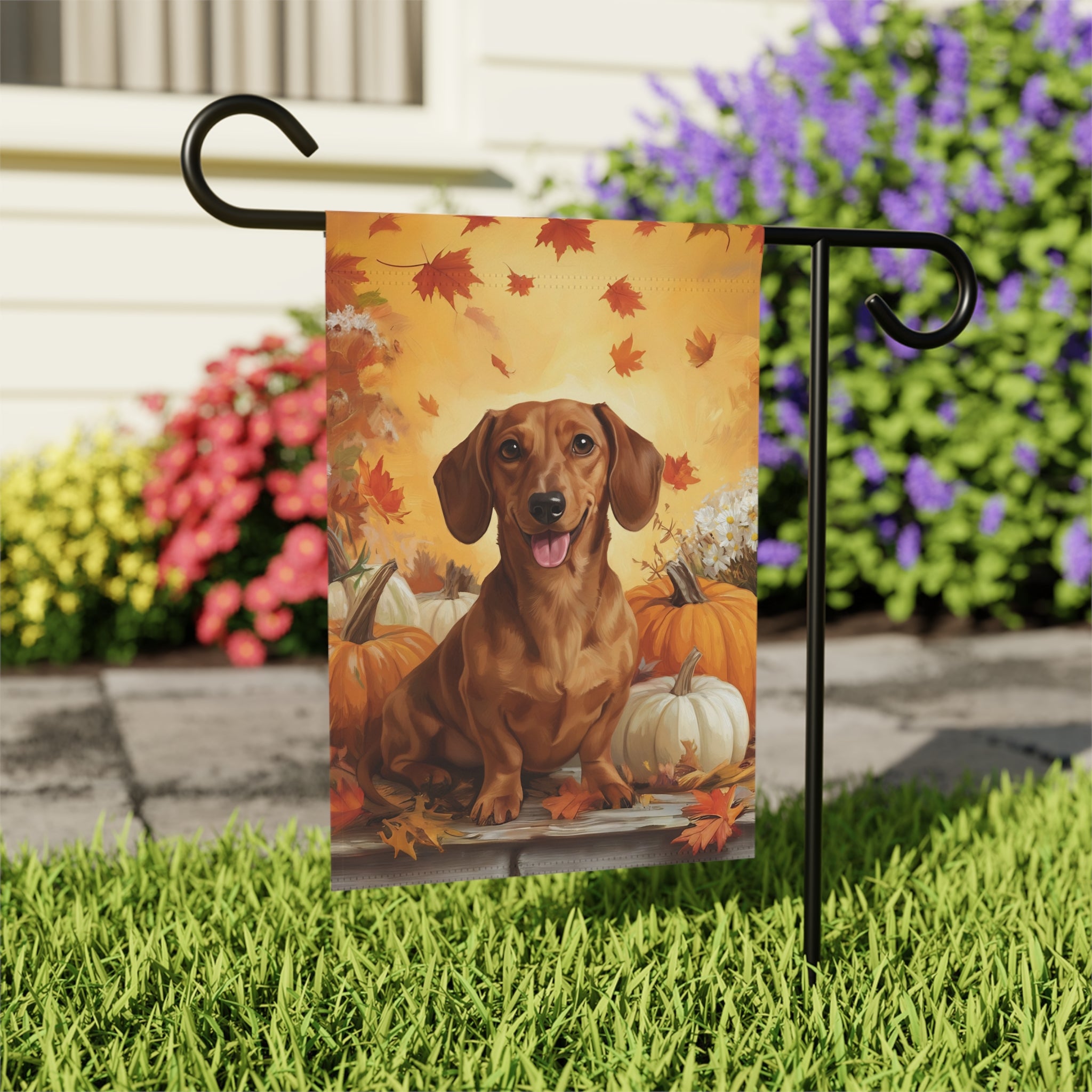 Dachshund and Pumpkins Fall Garden Flag