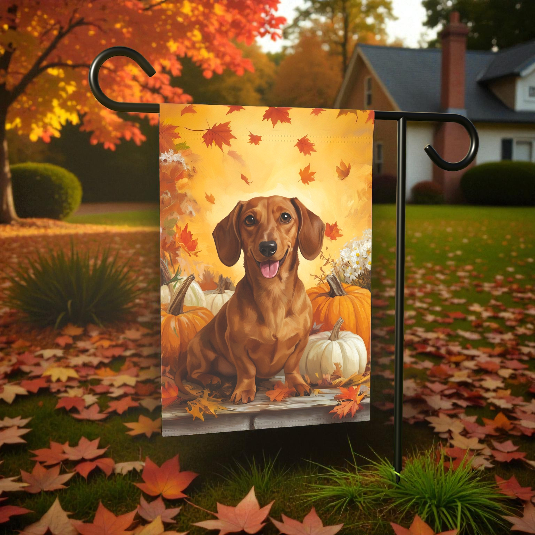 Dachshund and Pumpkins Fall Garden Flag