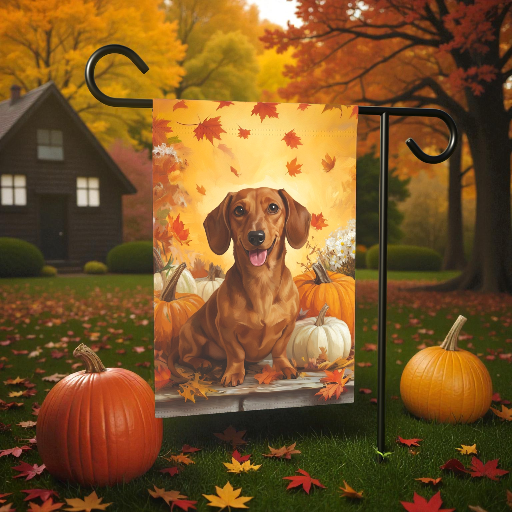 Dachshund and Pumpkins Fall Garden Flag