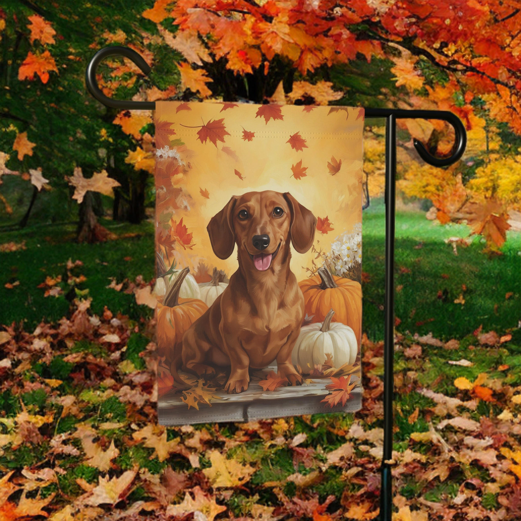 Dachshund and Pumpkins Fall Garden Flag