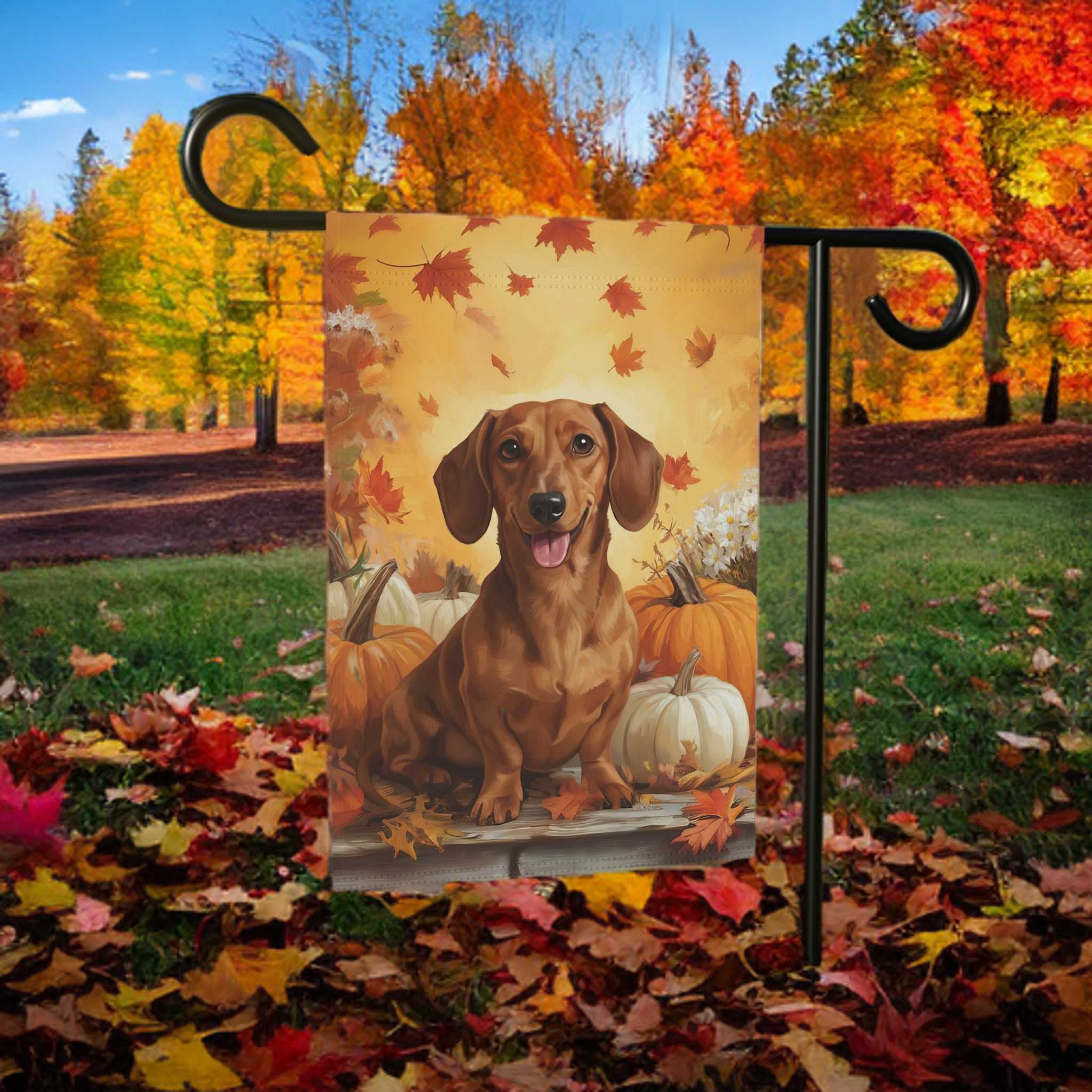 Dachshund and Pumpkins Fall Garden Flag