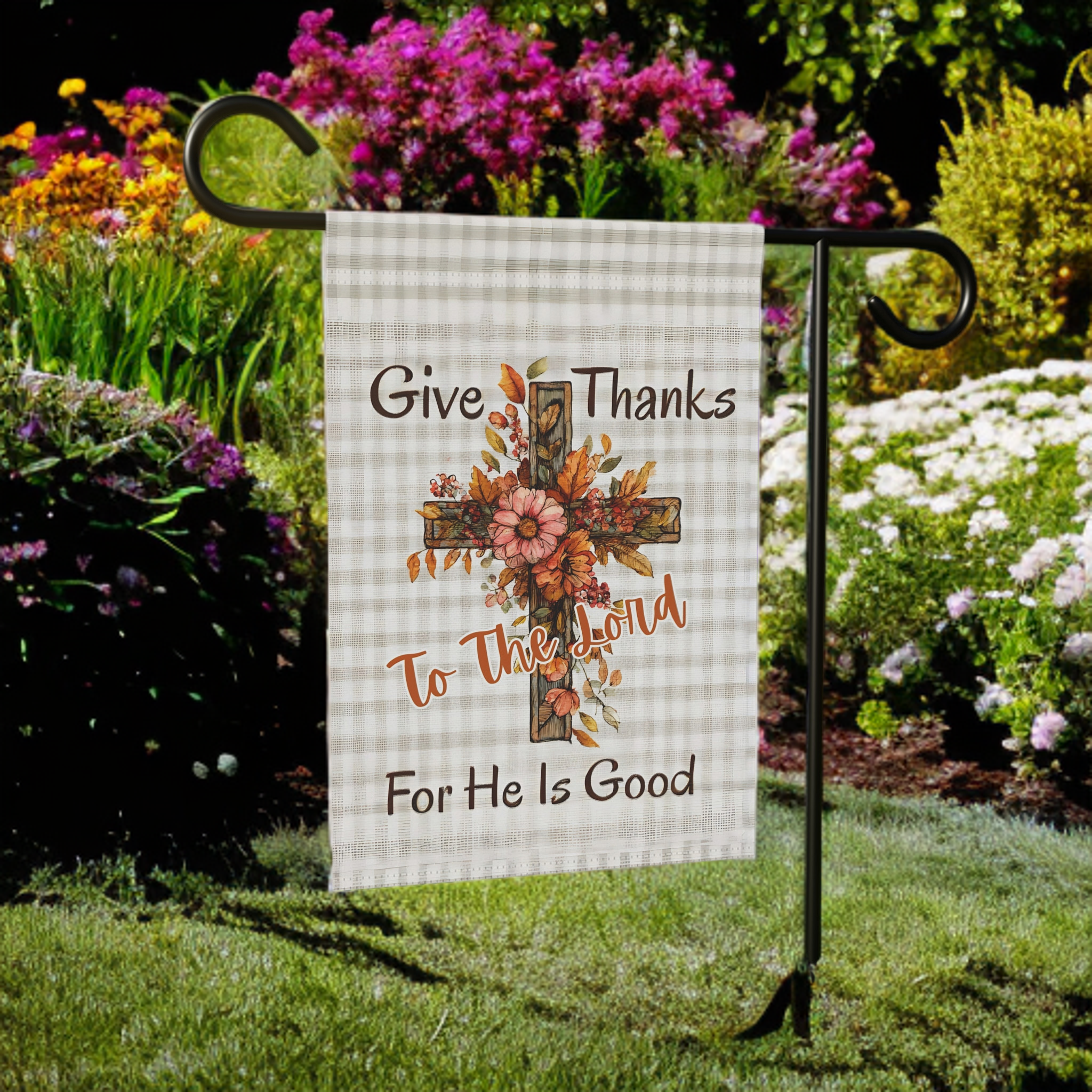 Give Thanks To The Lord, For He Is Good Thanksgiving Garden Flag - product detail - Dragonfire Gardens