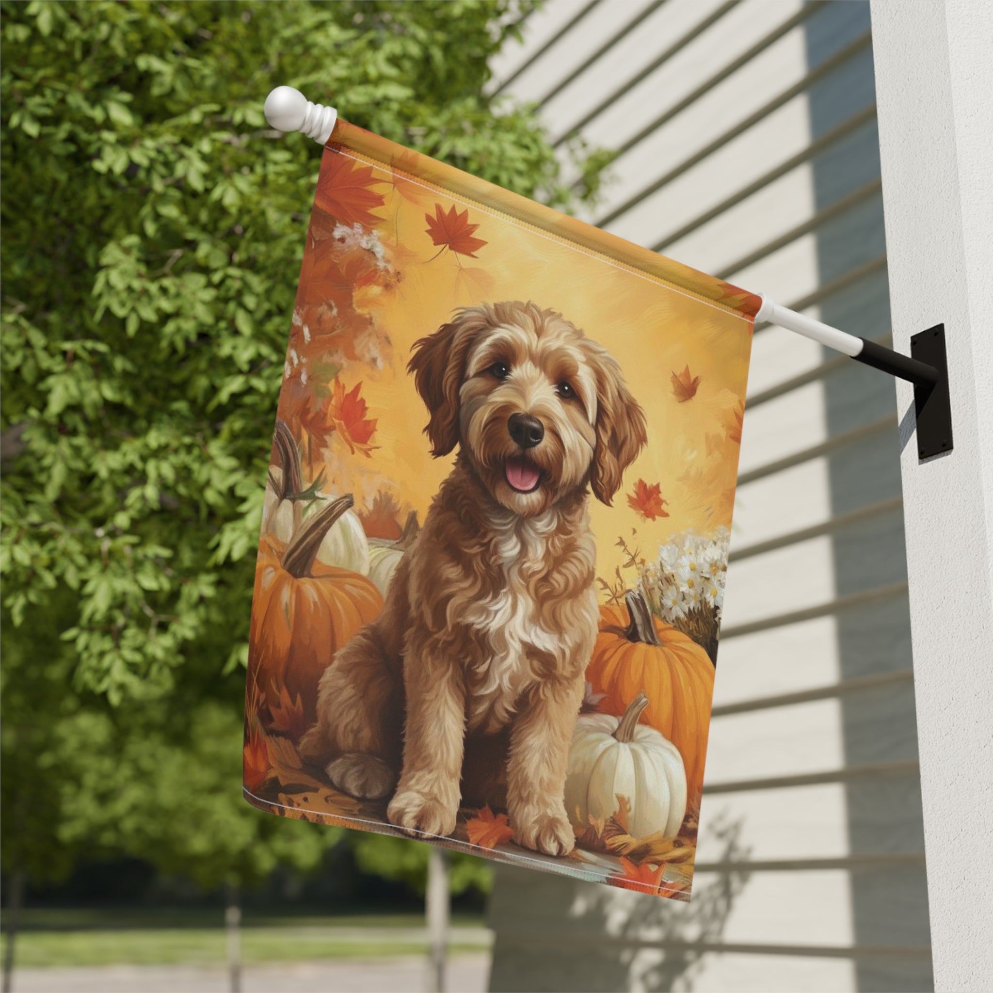 Golden Noodle and Pumpkins Fall Garden Flag - close-up detail - Dragonfire Gardens