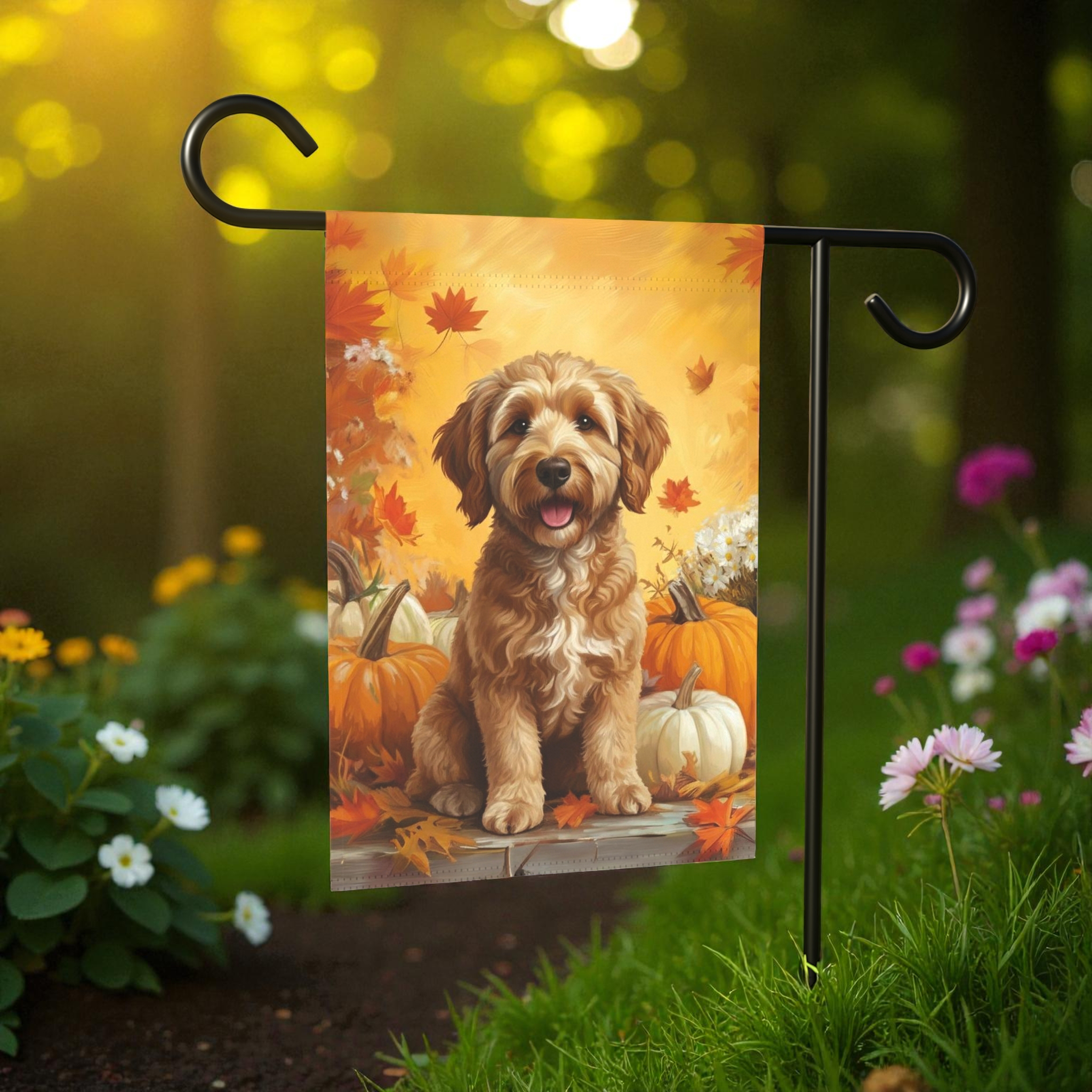 Golden Noodle and Pumpkins Fall Garden Flag - size comparison - Dragonfire Gardens