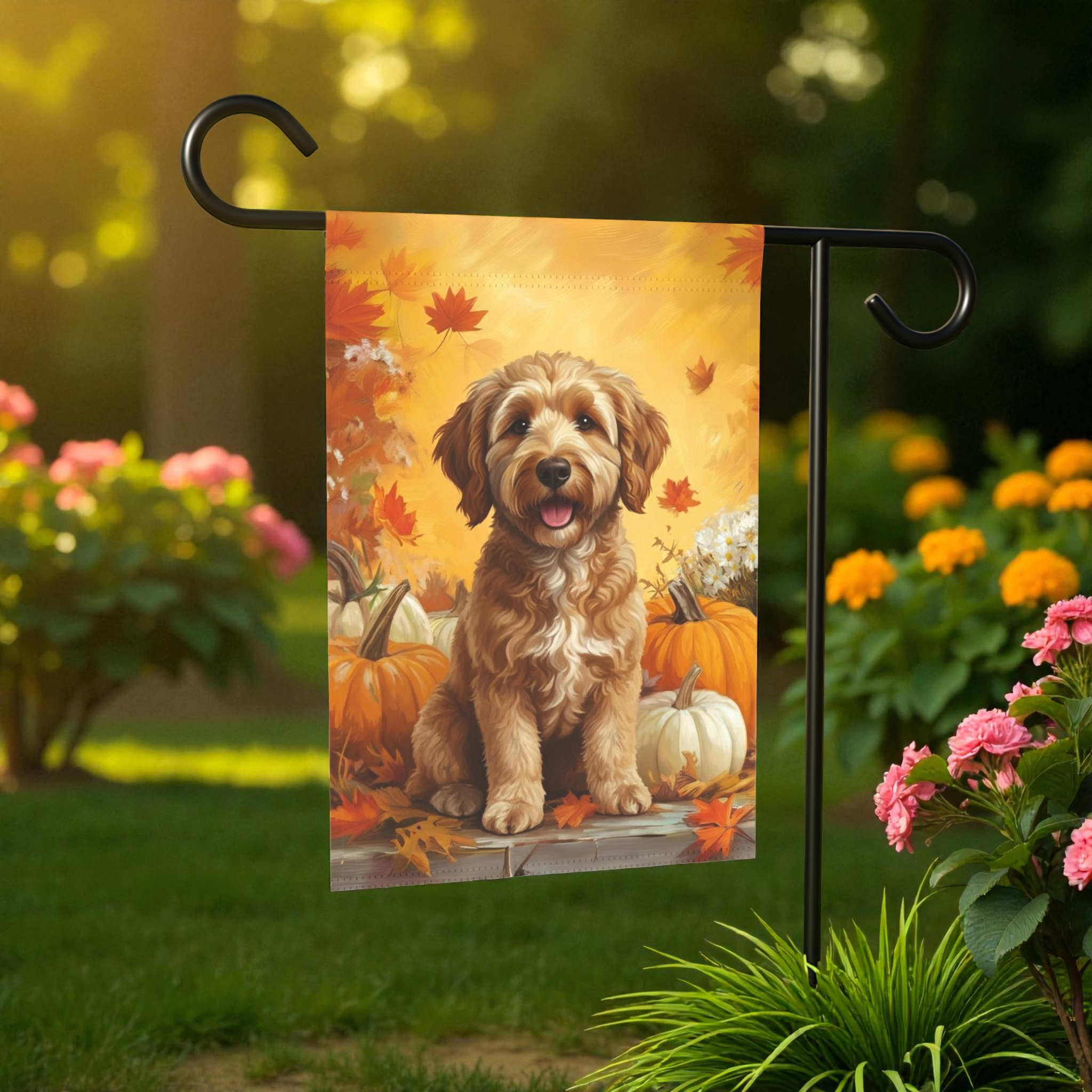 Golden Noodle and Pumpkins Fall Garden Flag - front view - Dragonfire Gardens