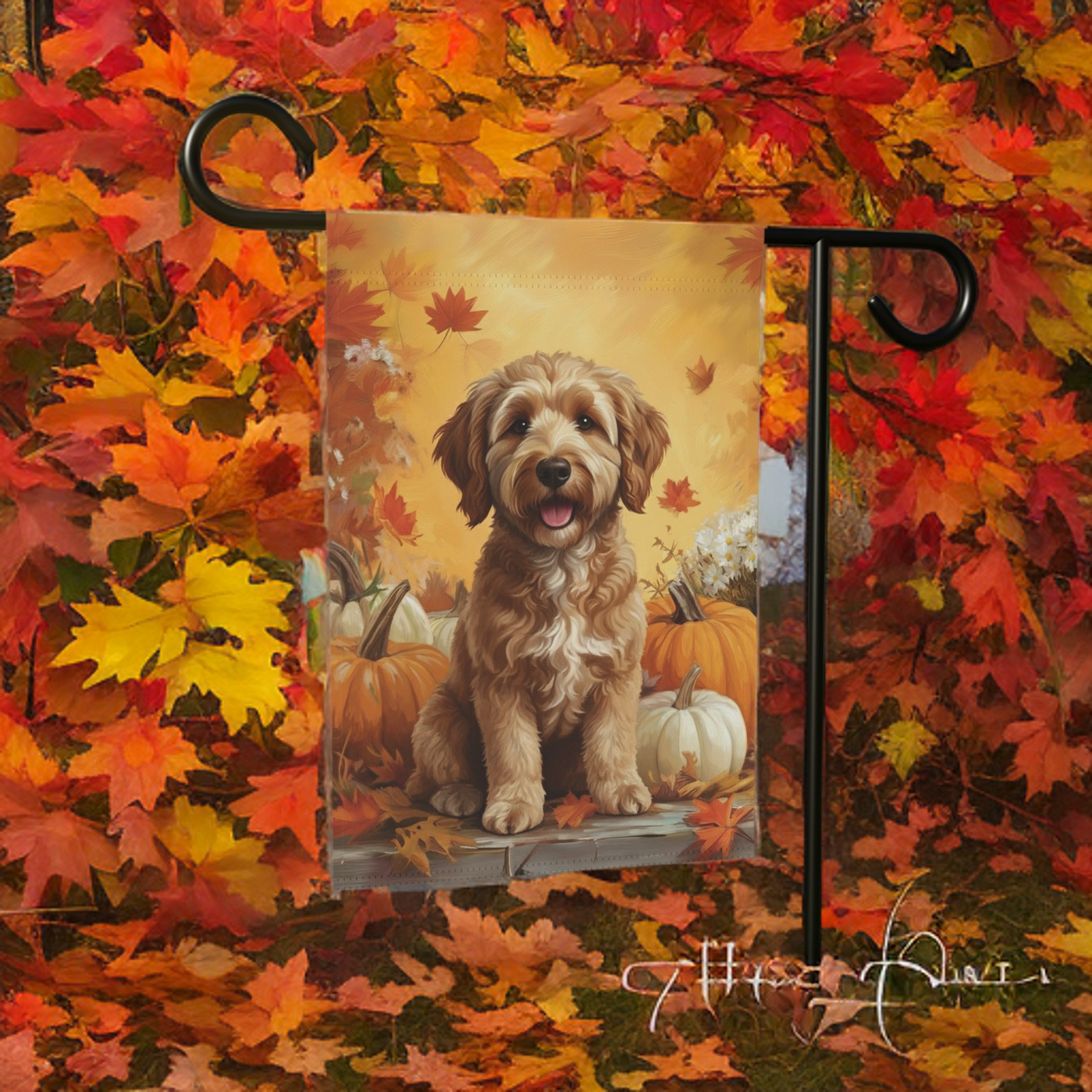 Golden Noodle and Pumpkins Fall Garden Flag - lifestyle display - Dragonfire Gardens