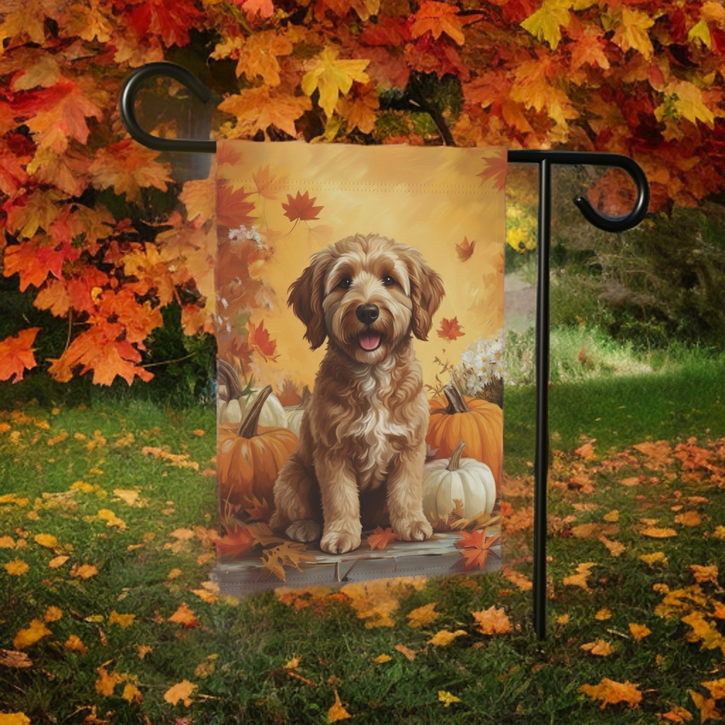 Golden Noodle and Pumpkins Fall Garden Flag - product detail - Dragonfire Gardens