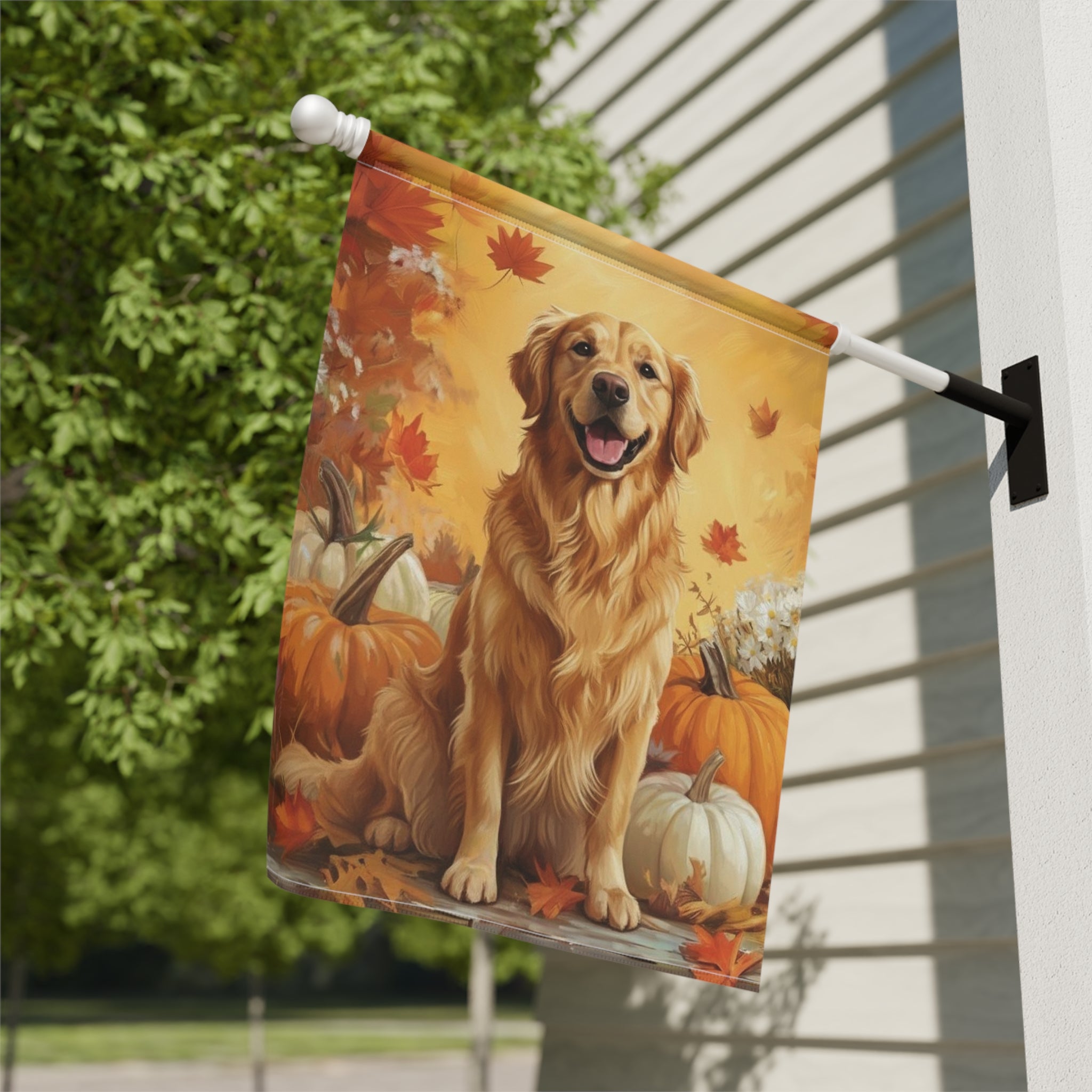 Golden Retriever and Pumpkins Fall Garden Flag - close-up detail - Dragonfire Gardens