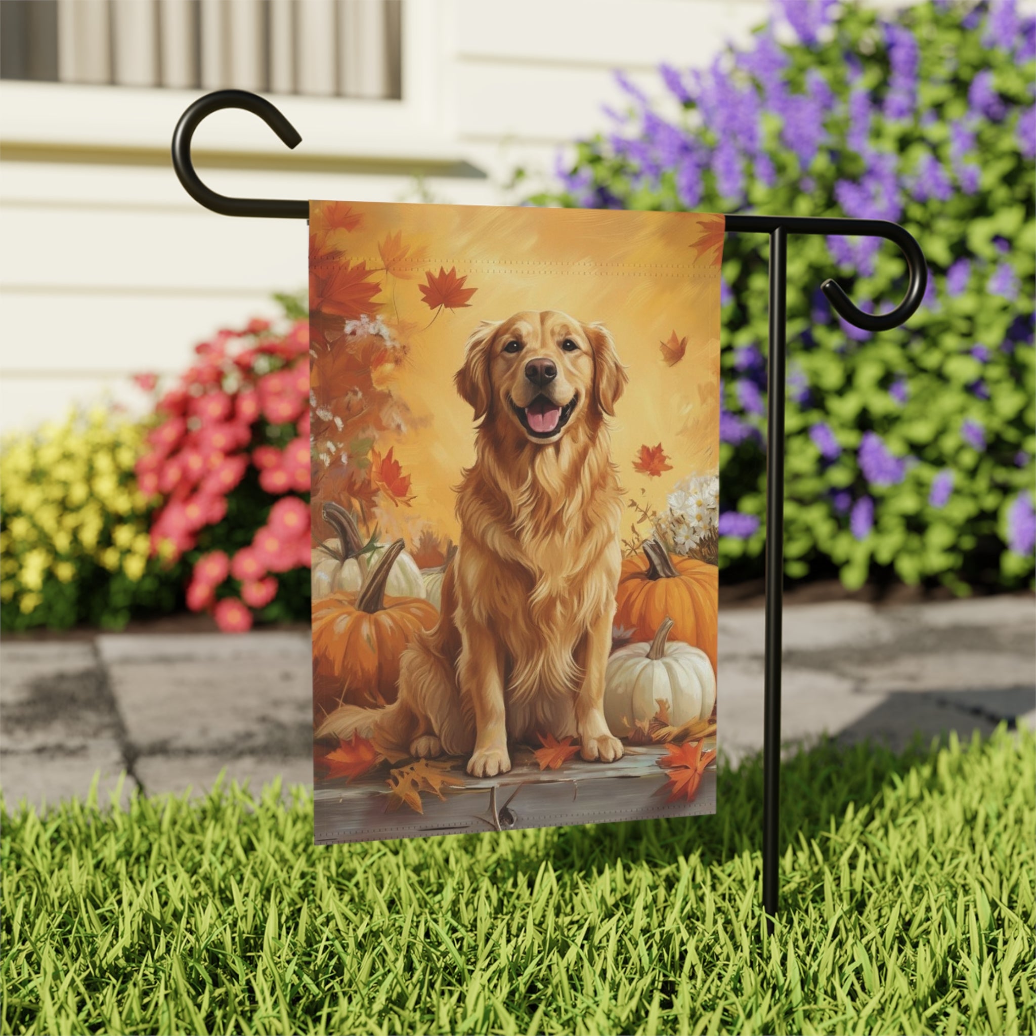 Golden Retriever and Pumpkins Fall Garden Flag - outdoor display - Dragonfire Gardens