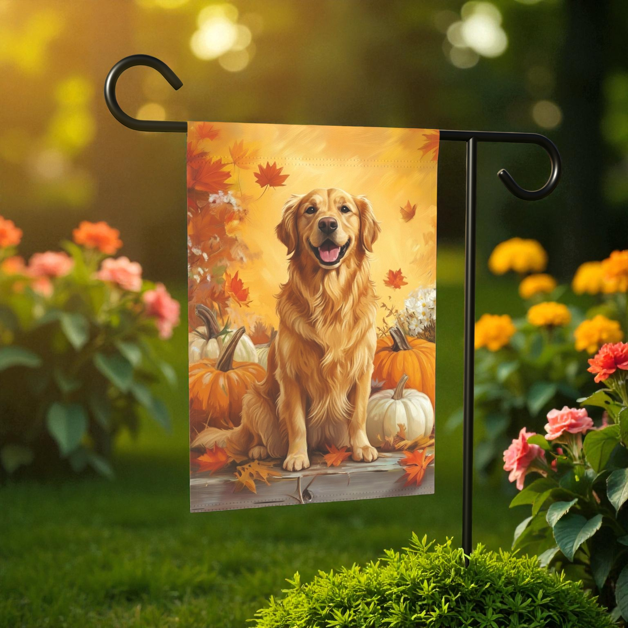 Golden Retriever and Pumpkins Fall Garden Flag - front view - Dragonfire Gardens