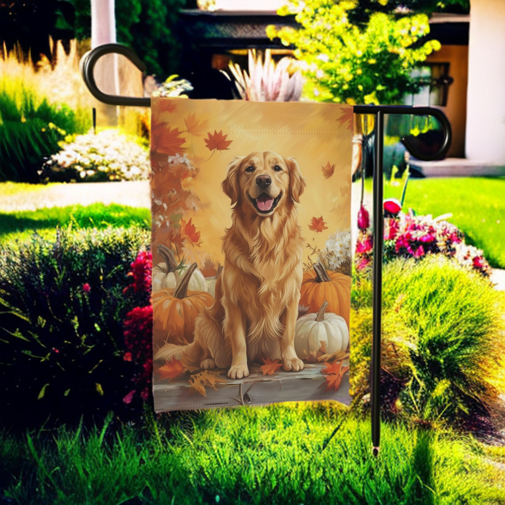 Golden Retriever and Pumpkins Fall Garden Flag - size comparison - Dragonfire Gardens