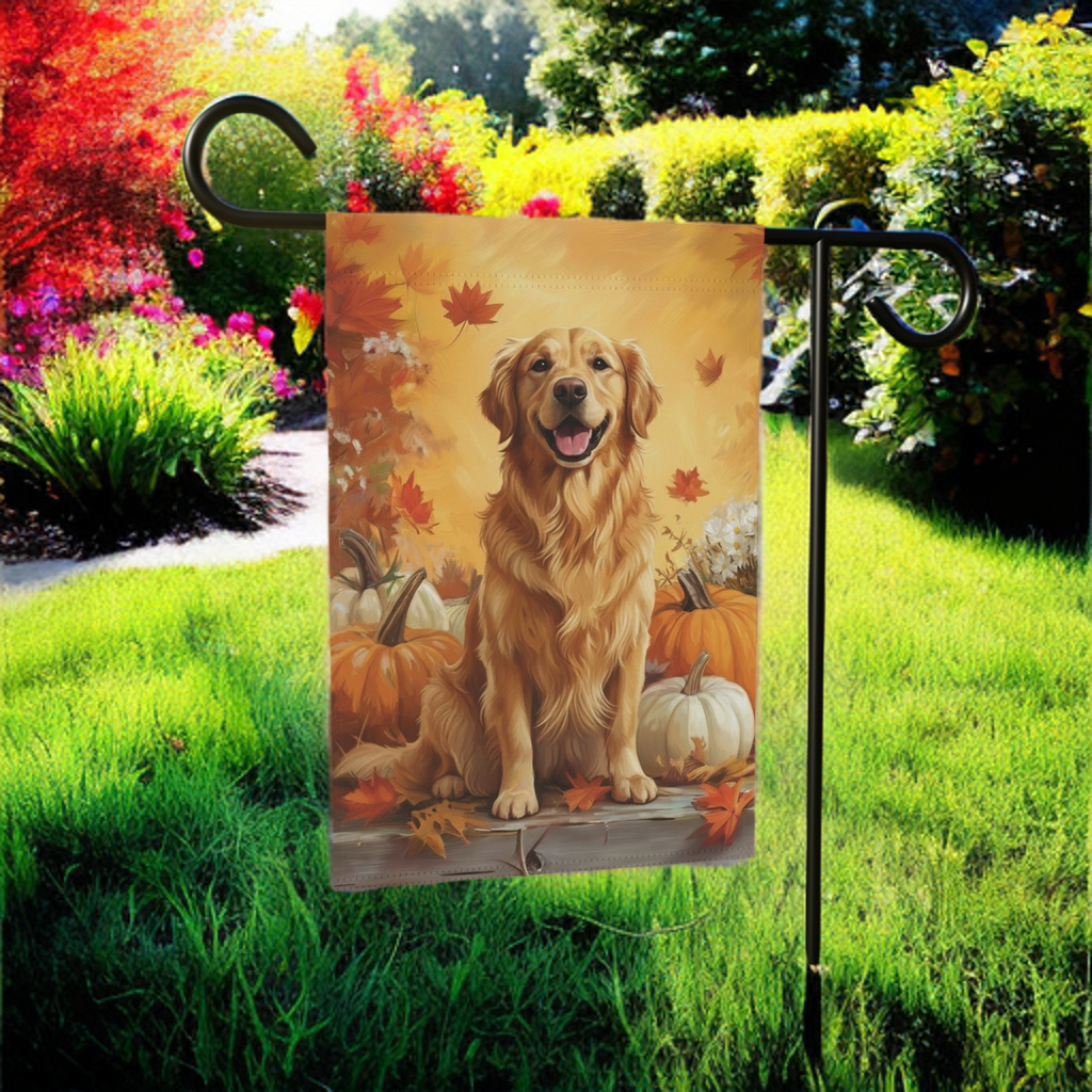 Golden Retriever and Pumpkins Fall Garden Flag - product detail - Dragonfire Gardens