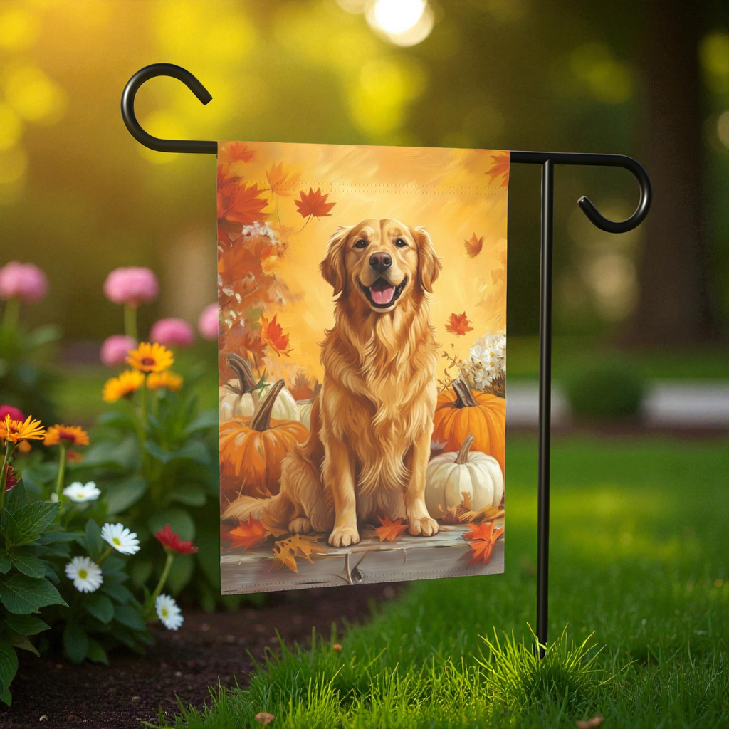 Golden Retriever and Pumpkins Fall Garden Flag - lifestyle display - Dragonfire Gardens
