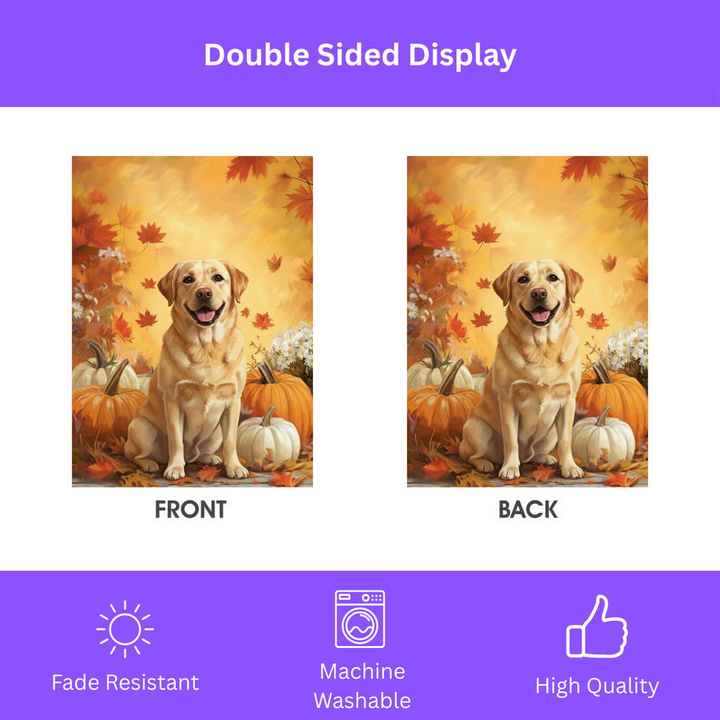 Yellow Labrador Retriever and Pumpkins Fall Garden Flag - double-sided design - Dragonfire Gardens