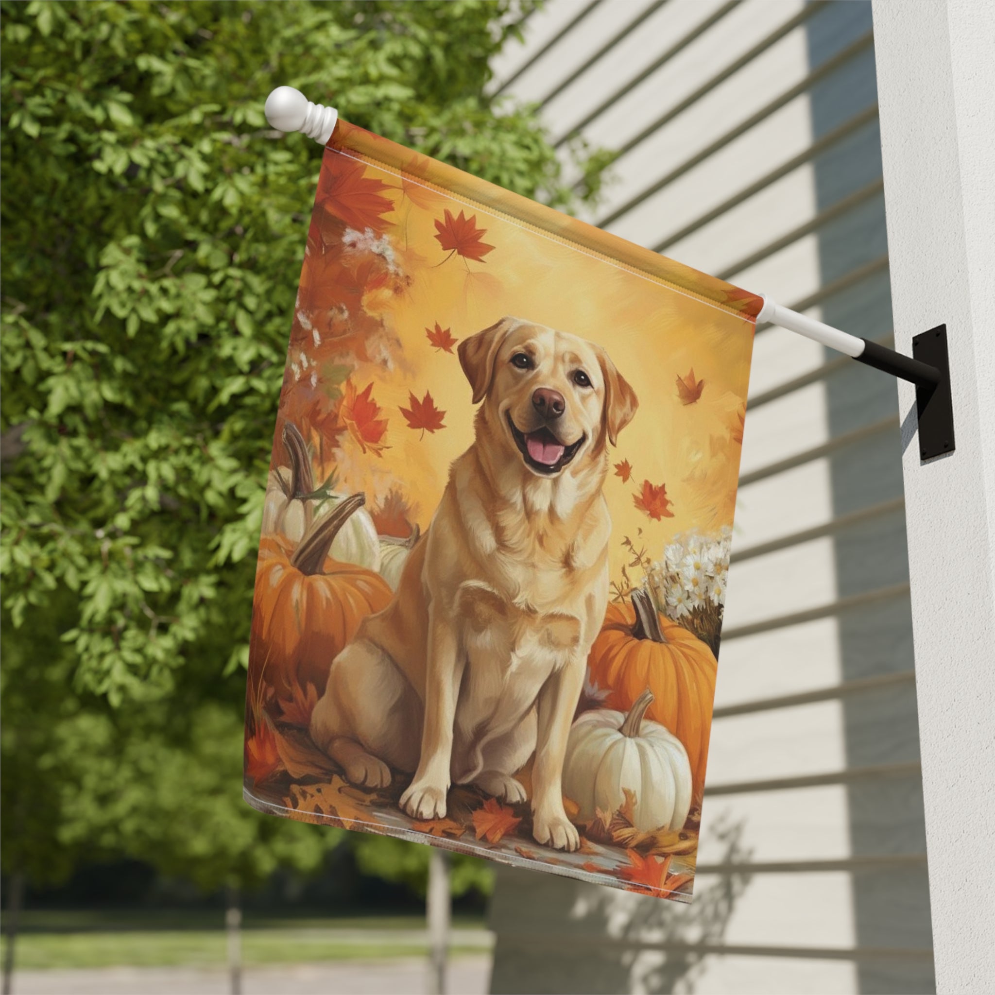 Yellow Labrador Retriever and Pumpkins Fall Garden Flag - close-up detail - Dragonfire Gardens