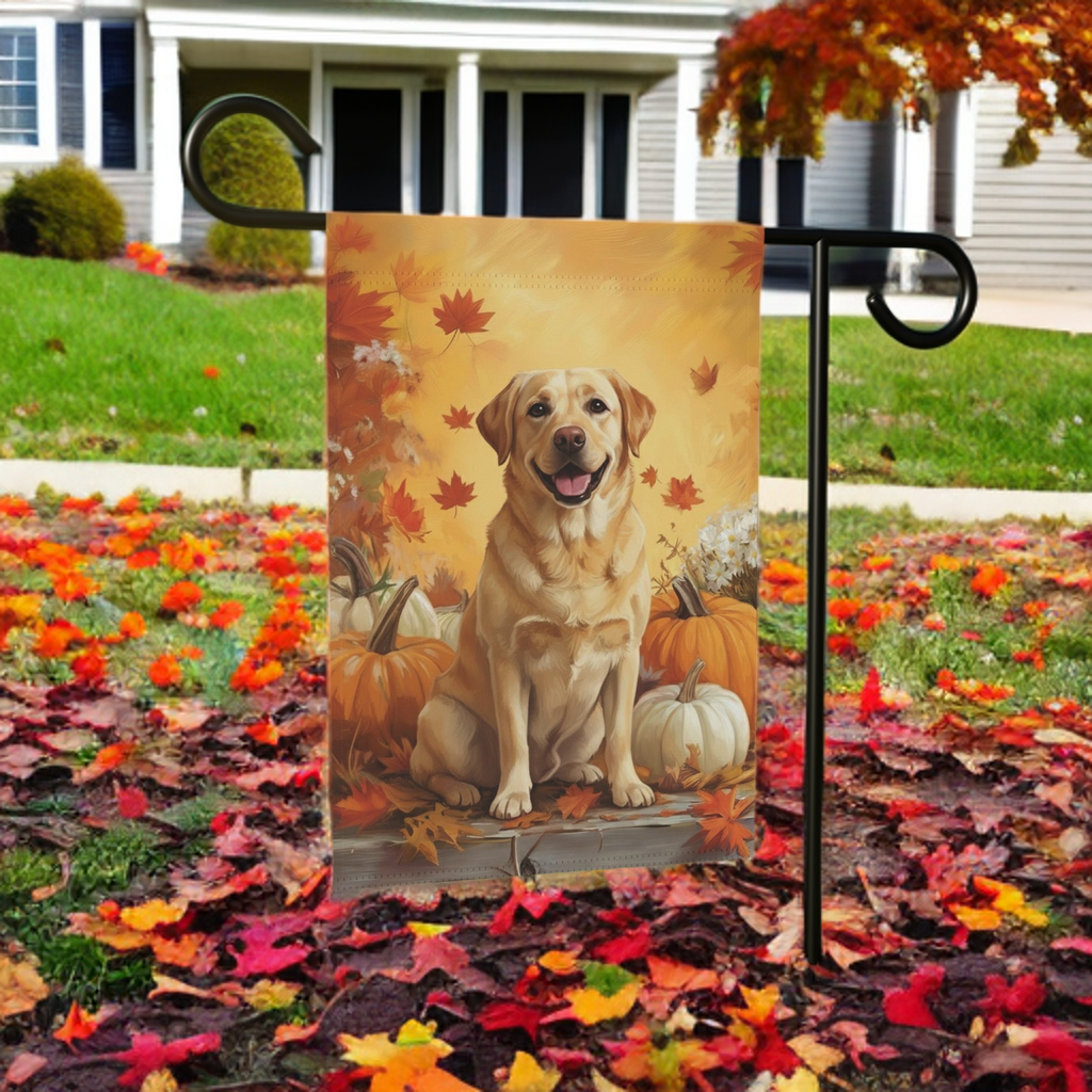 Yellow Labrador Retriever and Pumpkins Fall Garden Flag - size comparison - Dragonfire Gardens