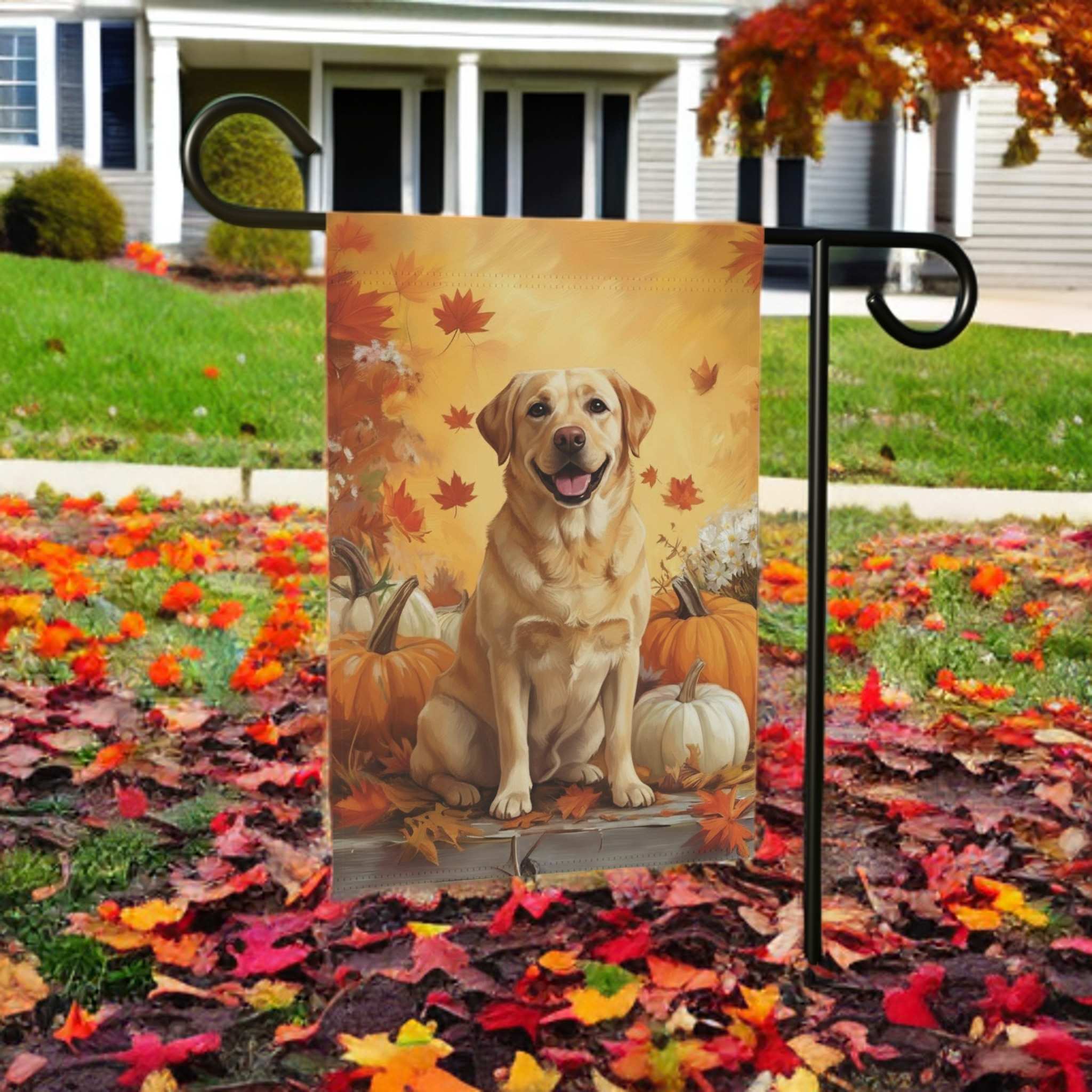 Yellow Labrador Retriever and Pumpkins Fall Garden Flag - size comparison - Dragonfire Gardens