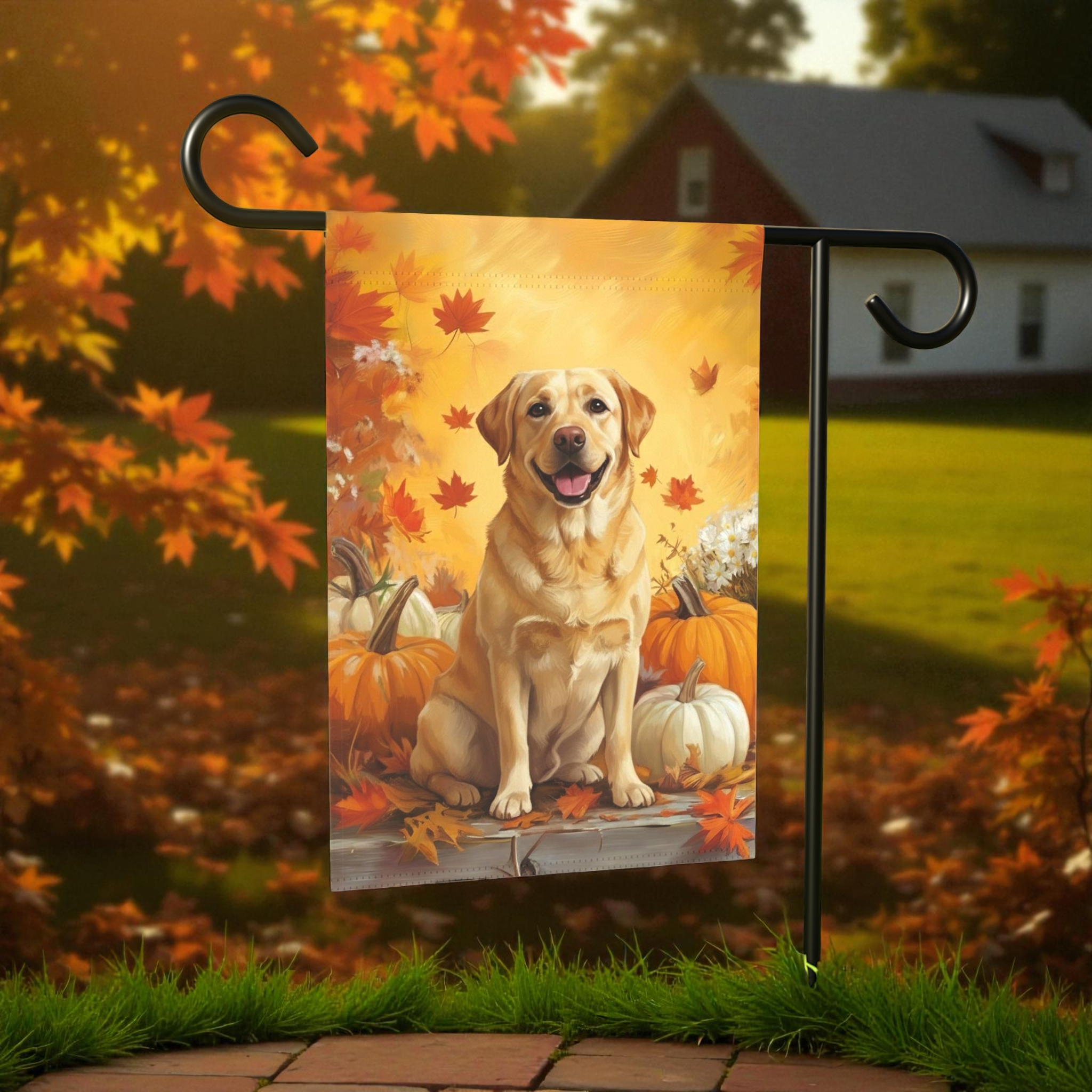 Yellow Labrador Retriever and Pumpkins Fall Garden Flag - front view - Dragonfire Gardens