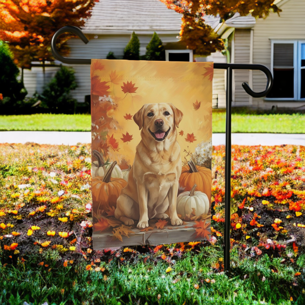 Yellow Labrador Retriever and Pumpkins Fall Garden Flag - lifestyle display - Dragonfire Gardens
