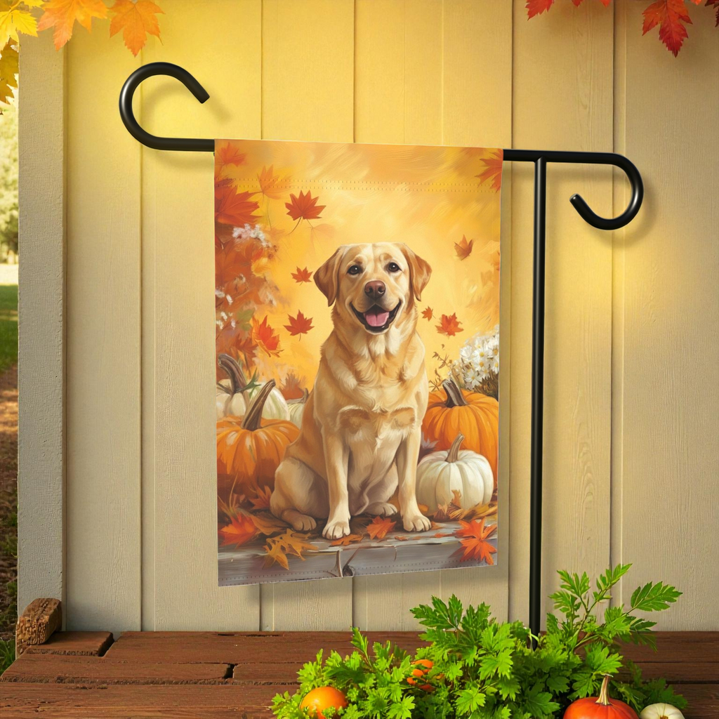 Yellow Labrador Retriever and Pumpkins Fall Garden Flag - product detail - Dragonfire Gardens