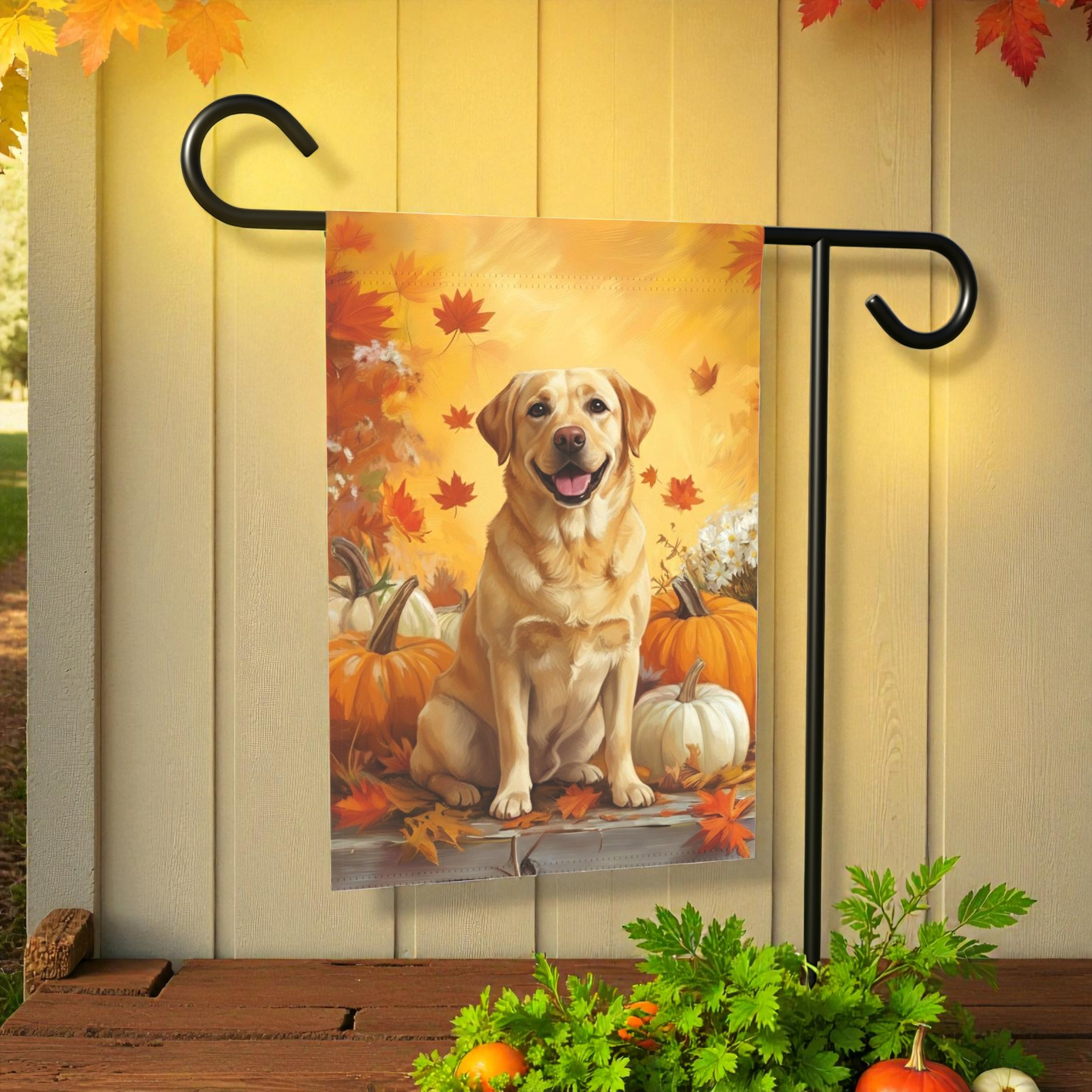 Yellow Labrador Retriever and Pumpkins Fall Garden Flag - product detail - Dragonfire Gardens