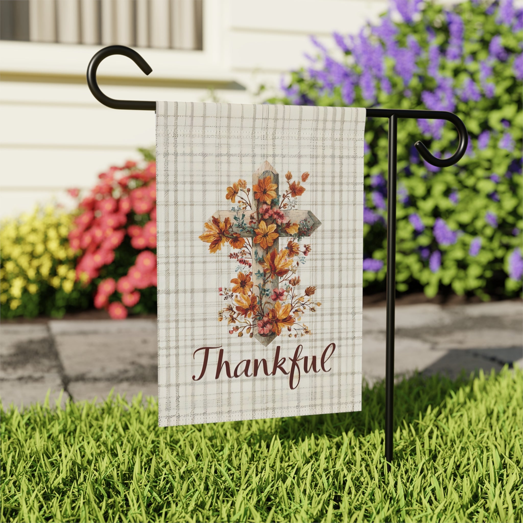 Thankful Fall Flowers Cross Garden Flag - outdoor display - Dragonfire Gardens