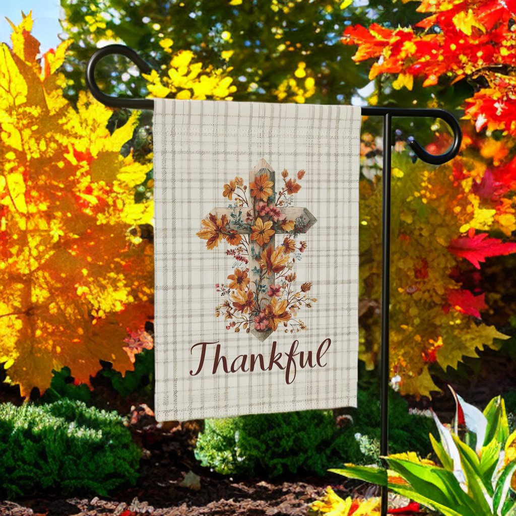 Thankful Fall Flowers Cross Garden Flag - size comparison - Dragonfire Gardens