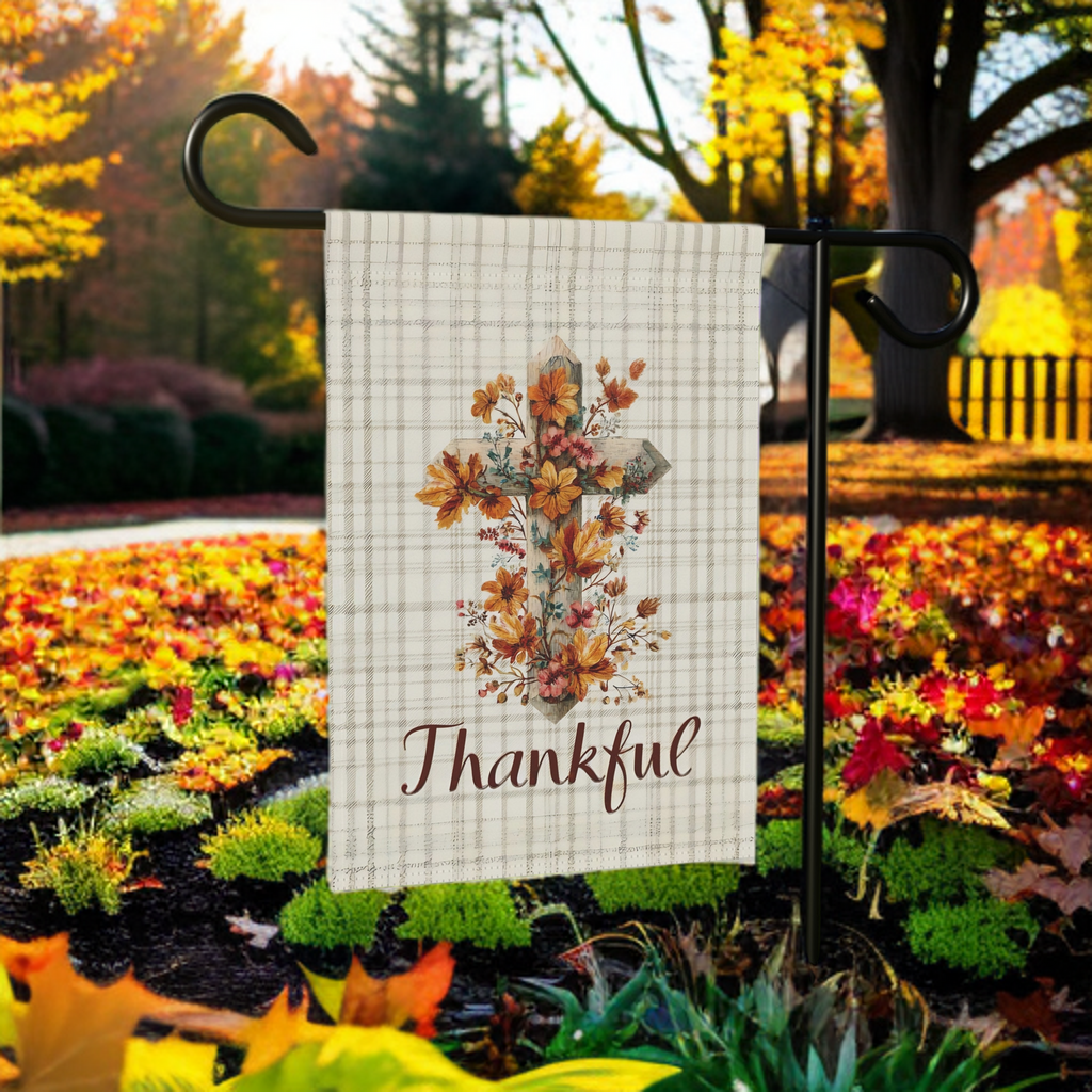 Thankful Fall Flowers Cross Garden Flag - lifestyle display - Dragonfire Gardens