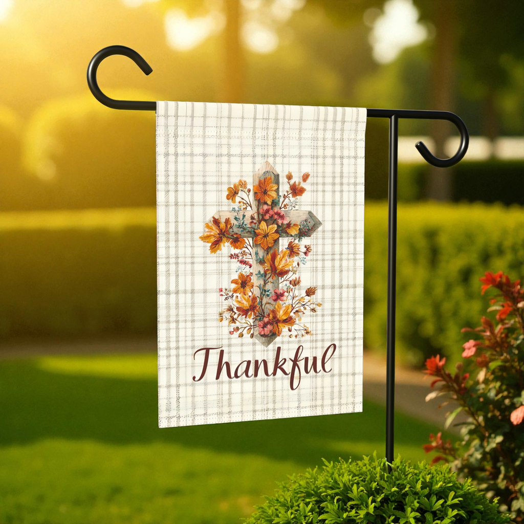 Thankful Fall Flowers Cross Garden Flag - front view - Dragonfire Gardens