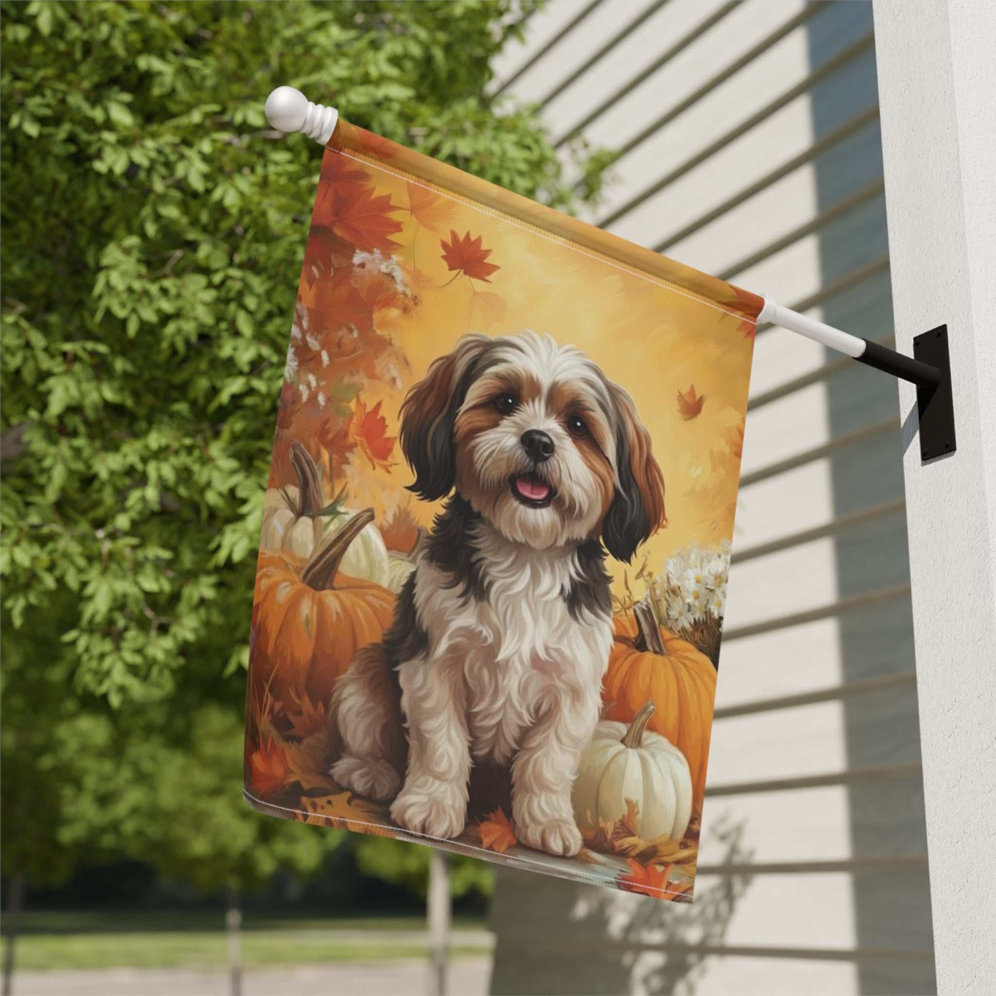 Shih Tzu and Pumpkins Fall Garden Flag - close-up detail - Dragonfire Gardens
