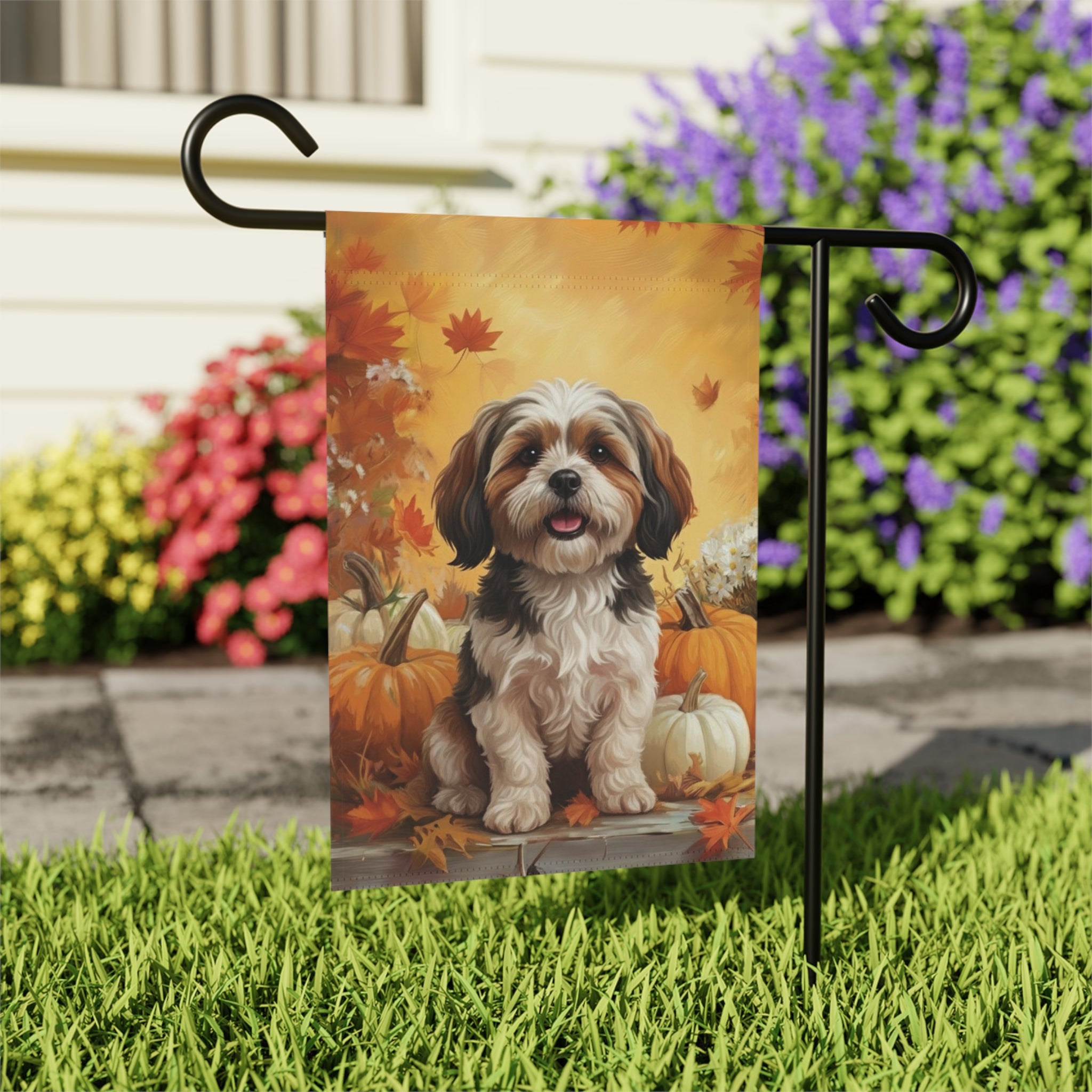 Shih Tzu and Pumpkins Fall Garden Flag - outdoor display - Dragonfire Gardens