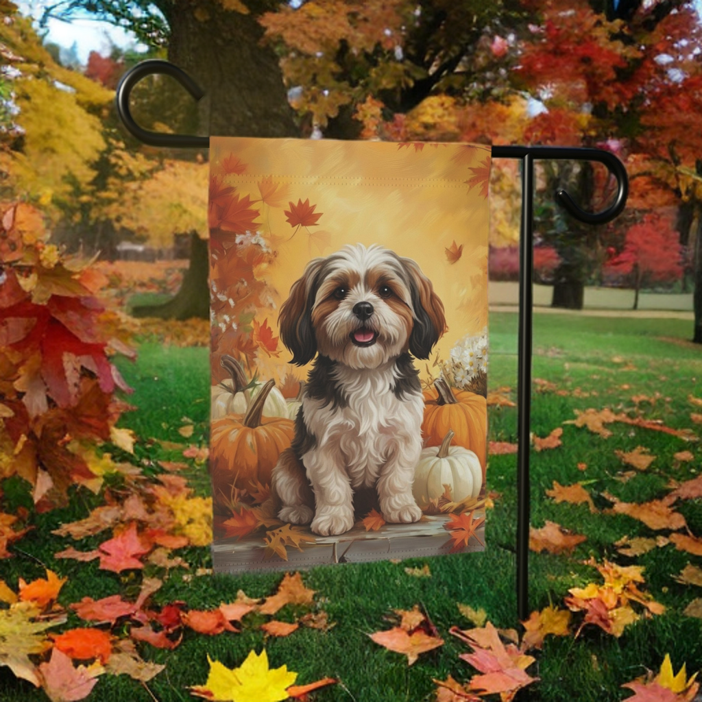 Shih Tzu and Pumpkins Fall Garden Flag - size comparison - Dragonfire Gardens
