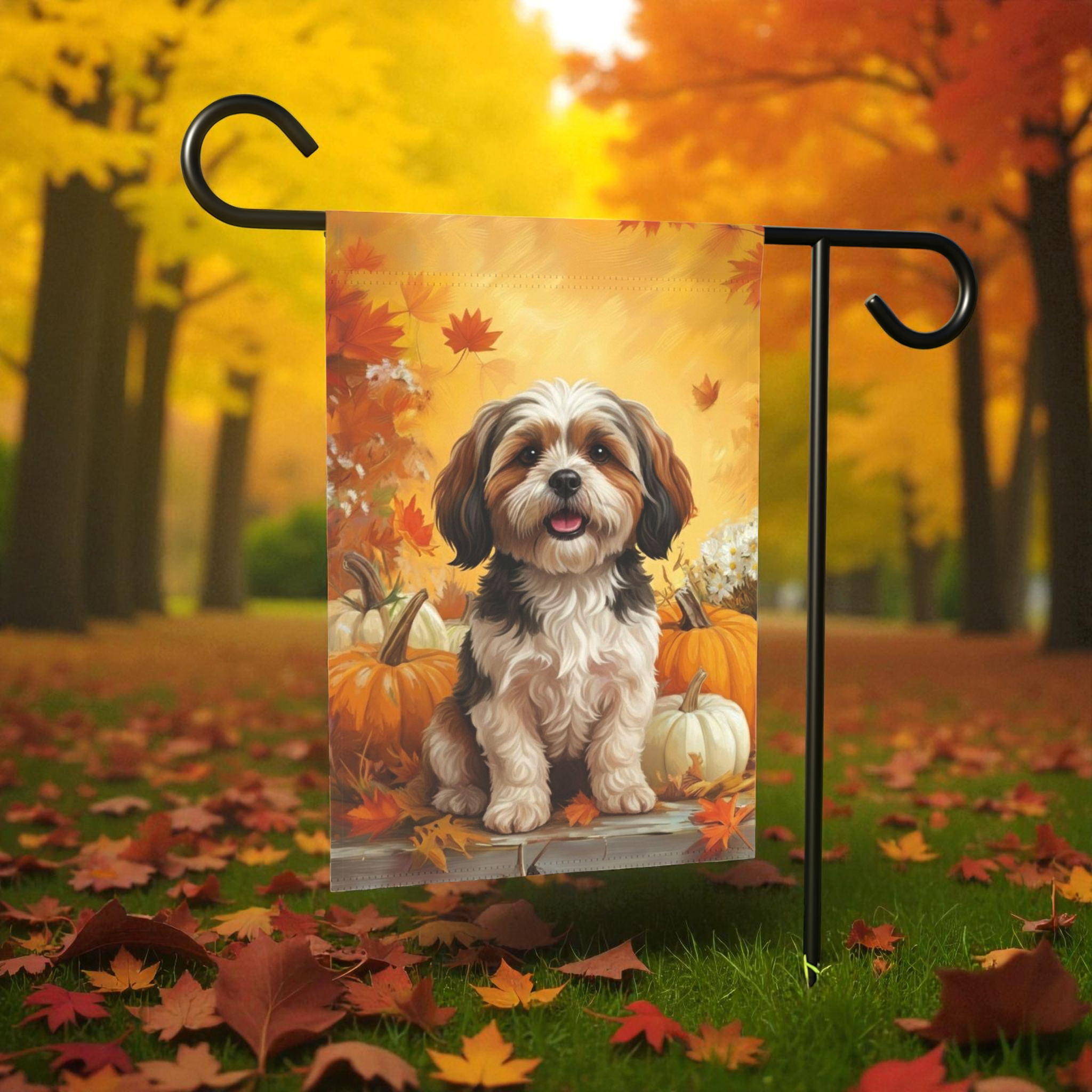 Shih Tzu and Pumpkins Fall Garden Flag - front view - Dragonfire Gardens