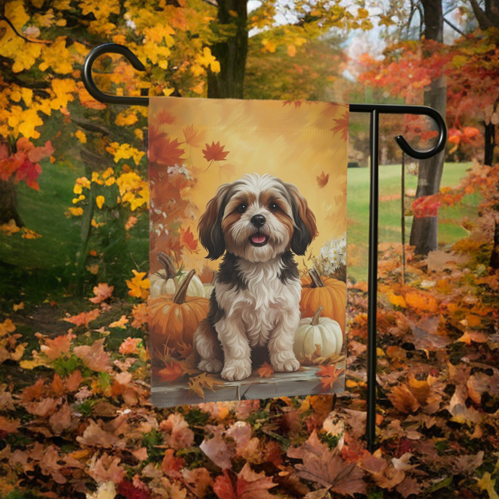 Shih Tzu and Pumpkins Fall Garden Flag - lifestyle display - Dragonfire Gardens