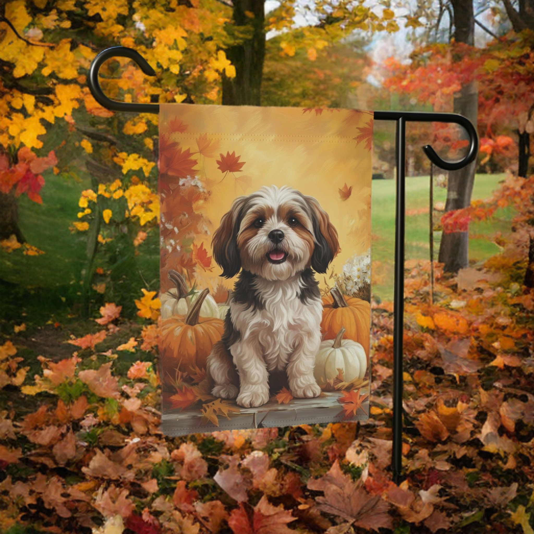 Shih Tzu and Pumpkins Fall Garden Flag - lifestyle display - Dragonfire Gardens