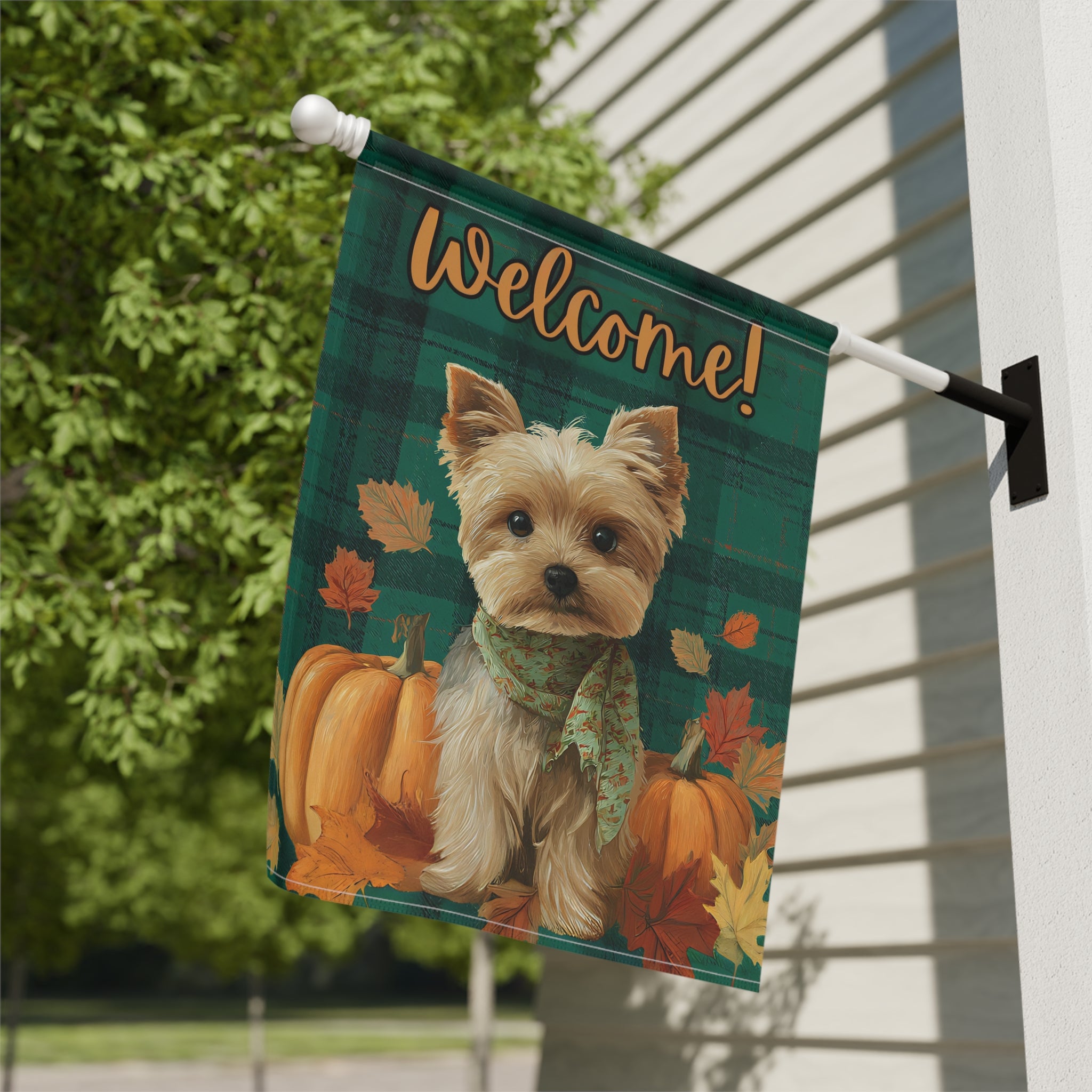 Green Plaid Yorkshire Terrier Fall Garden Flag - close-up detail - Dragonfire Gardens